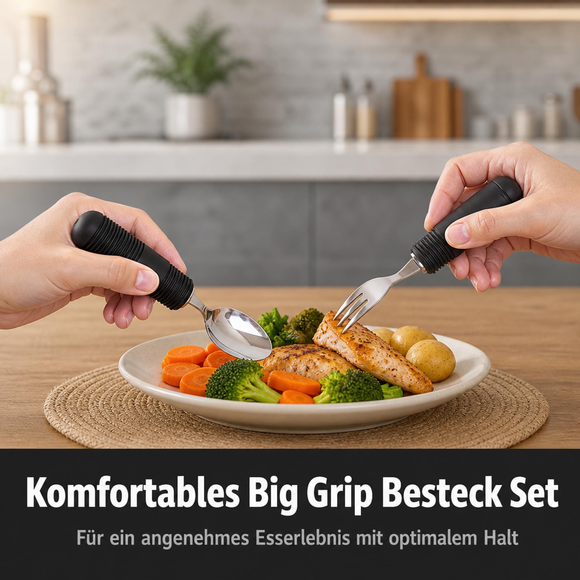 ATC Handels GmbH Big Grip Besteck-Set (4er) – Ergonomisches Besteck-Set zum einfachen Greifen – Biegsam & Spülmaschinenfest