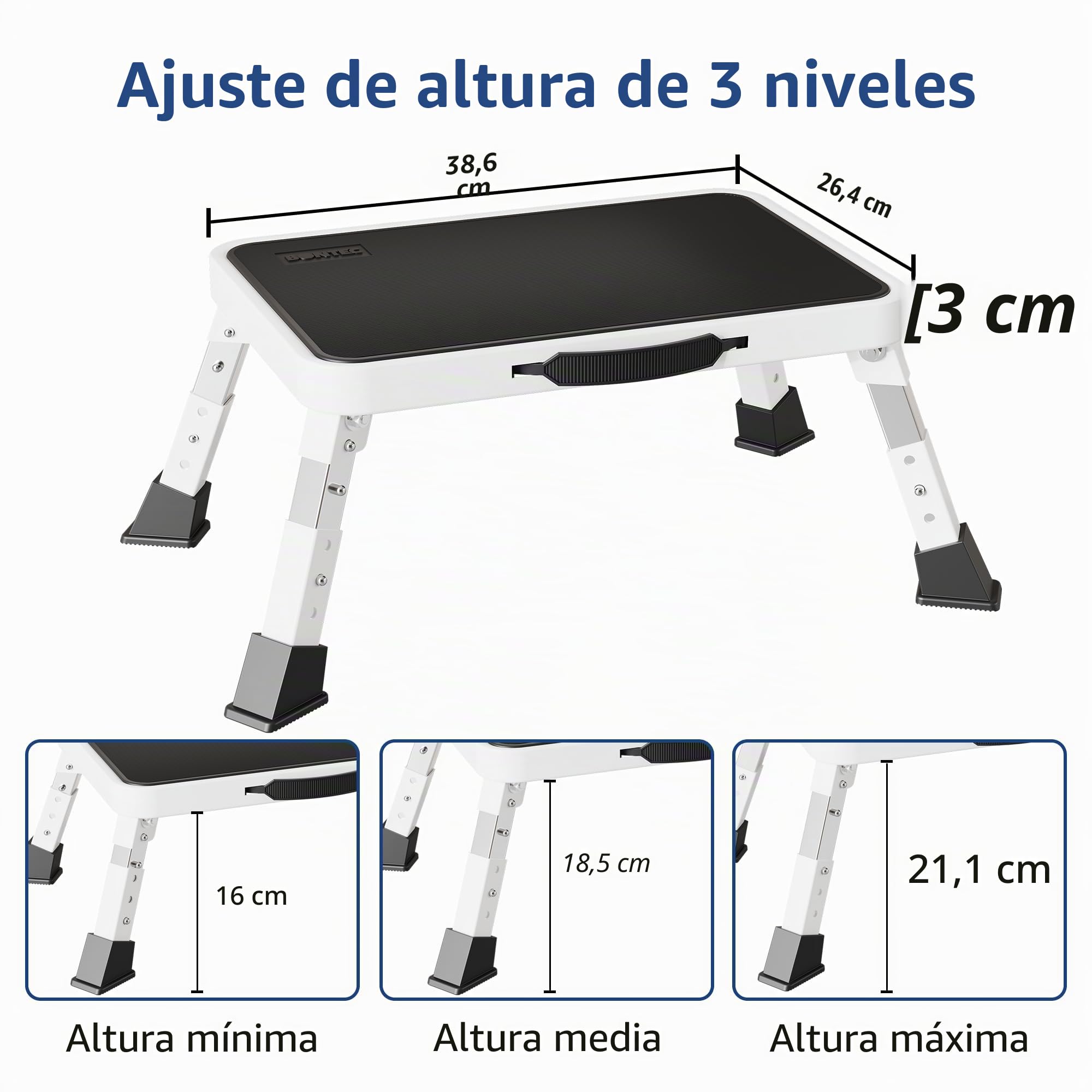 BONTEC Taburete Plegable 3 Niveles con Plataforma Antideslizante, Escalera Portátil 150 kg Blanco
