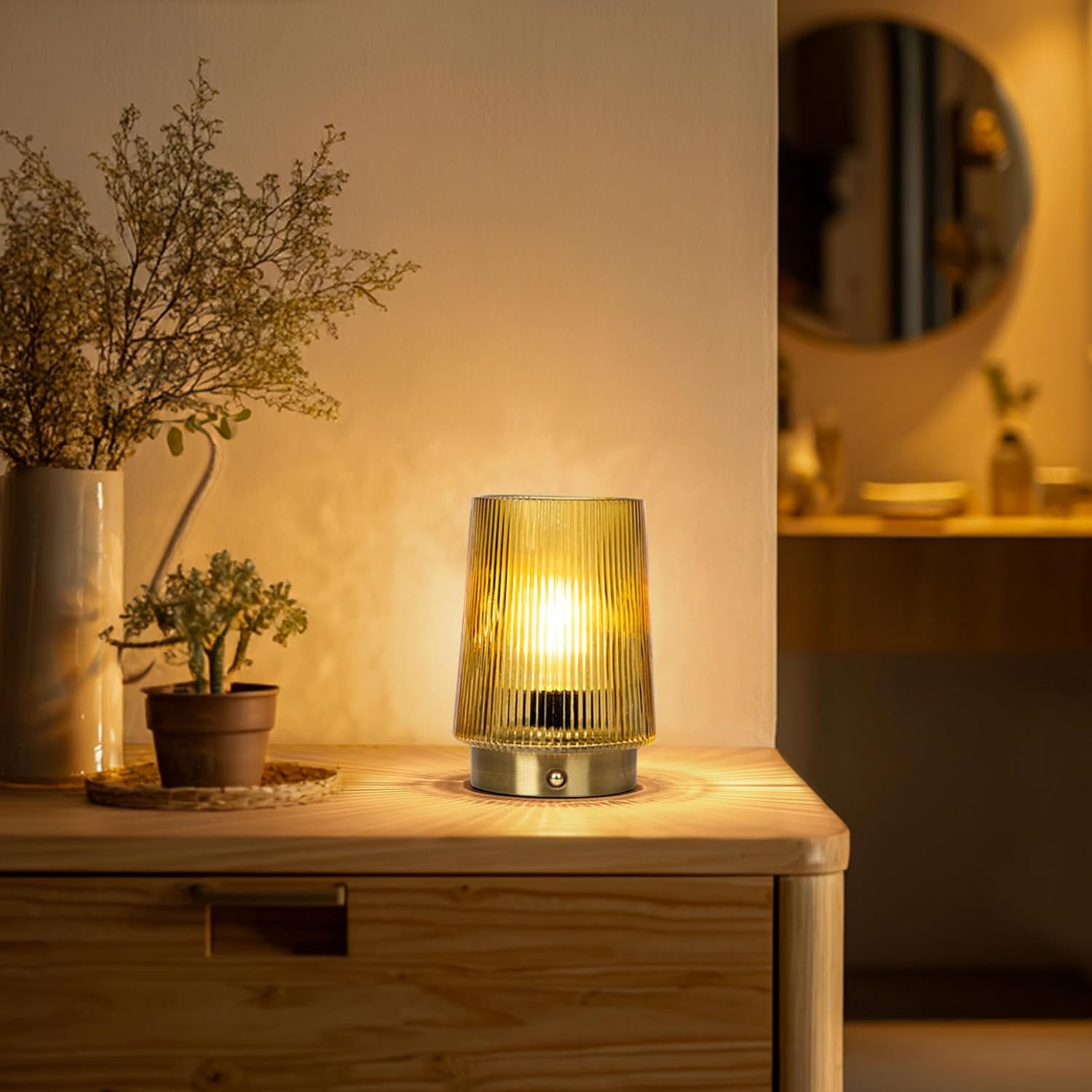 MJ PREMIER Cordless Lamps Rechargeable Glass Table Lamp Portable Dimmable Brightness Touch Battery Operated Lamp Cordless Beside Touch Lamp for Bedroom Kitchen Dining Bathroom Rechargeable Yellow