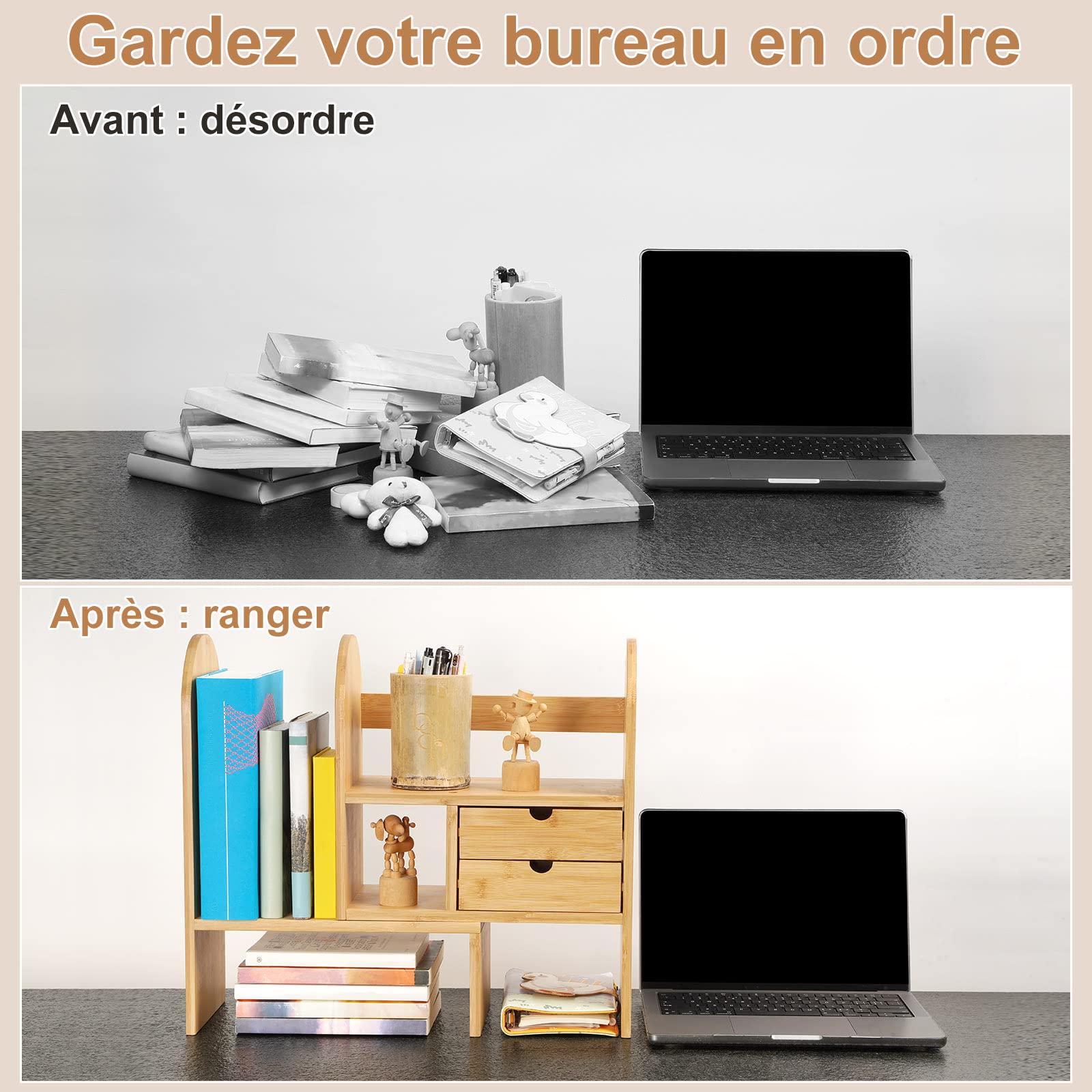 GUUSII HOME Etagere de Bureau a Poser Rangement Étagère à Livres pour Bureau Etagère de Table avec Tiroirs pour Chambre à Coucher Etagère en Bambou Ajustable Petit Rangement pour Cuisine