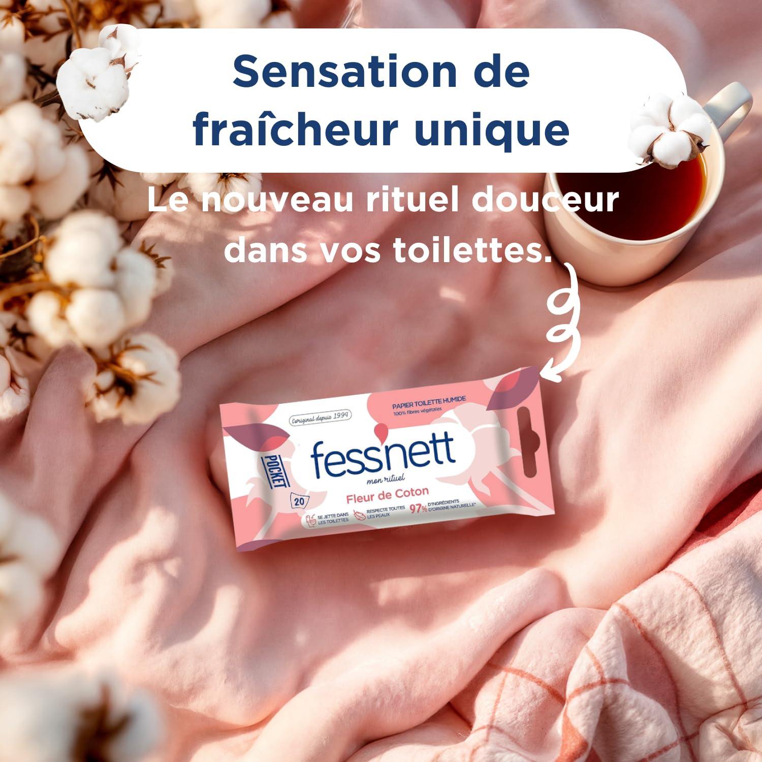Fess Nett - Papier Toilette Humide Pocket Fleur de Coton x20 - Formule testée dermatologiquement 0% parabène 0% phenoxyethanol - Pour peaux normales à sensibles