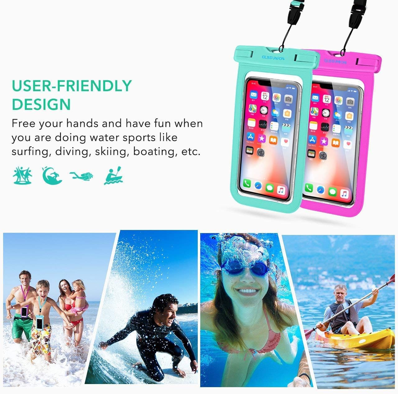 GLBSUNION Universal Waterproof Case, 2-Pack Waterproof Phone Lanyard Dry Bag Pouch with Neck Strap for iPhone 14 13 12 11 Pro Plus Xs Max XR X Galaxy S22/S21/S20/Note 20/10, OnePlus Phones up to 7.5"