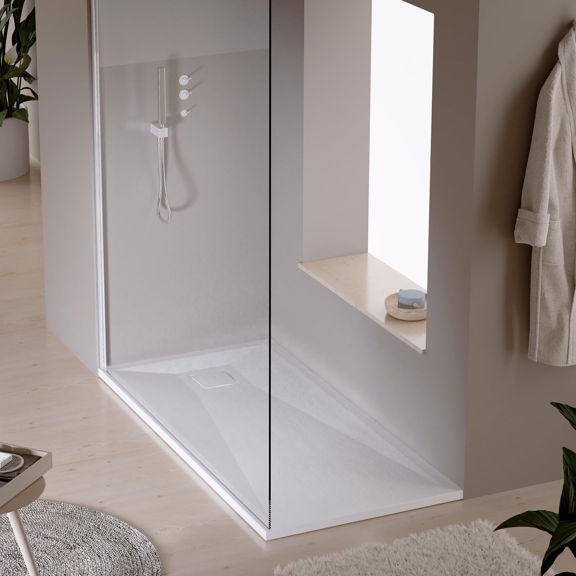Plato de ducha de resina extraplano 120x70 cm blanco para eliminar desniveles y limpiar fácil