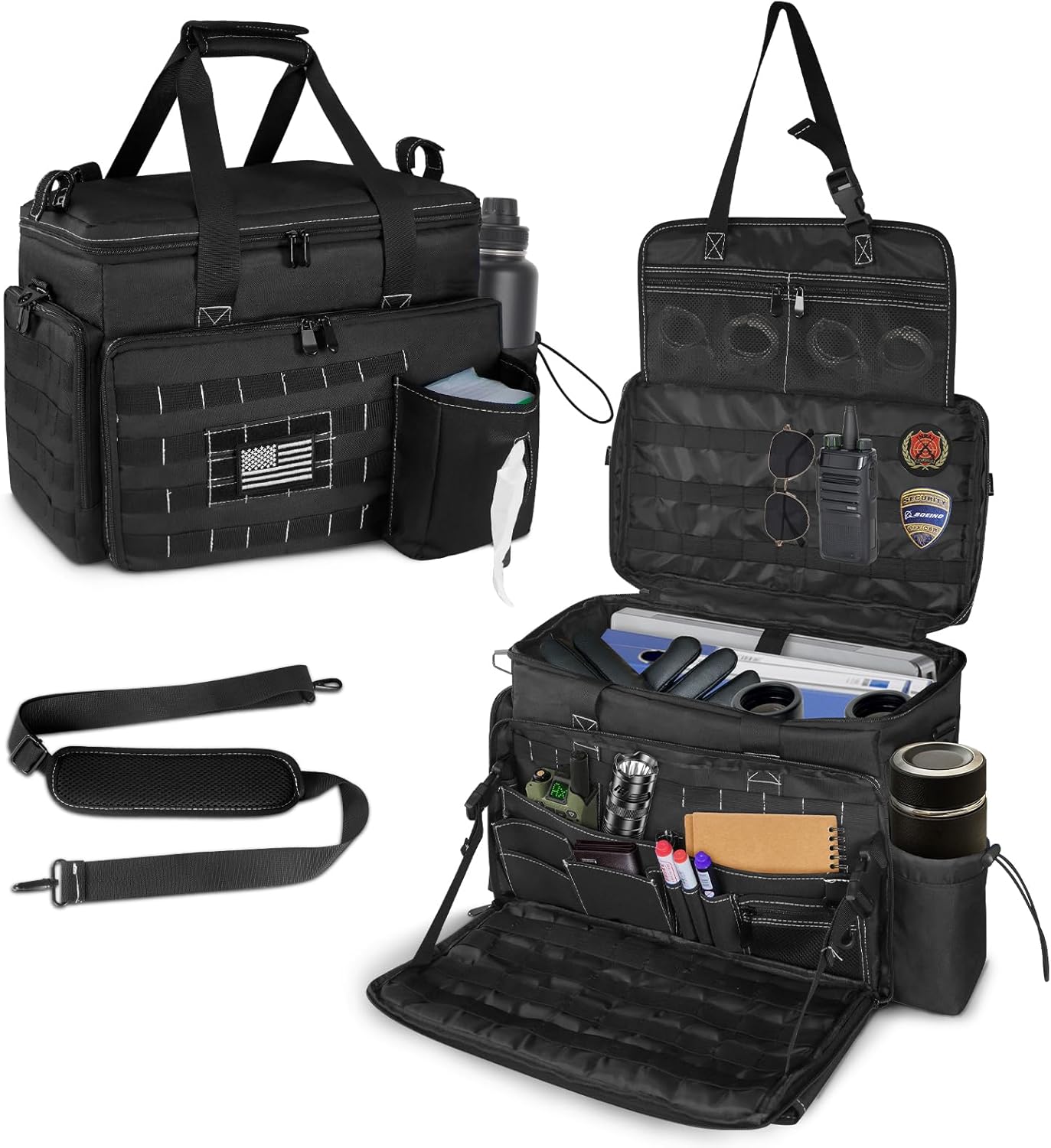 LIWSHWZ Patrol Bag Law Enforcement,Police Gear Bag for Car Front Seat Organizer with 15.6” Laptop Layer and Cup Holders,Multiple Compartments Police Duty Bags Fit Vehicle Passenger Seat