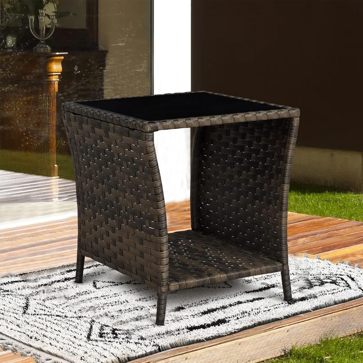 Elesuli Wicker Side Coffee Table Outdoor Side Tables with Storage