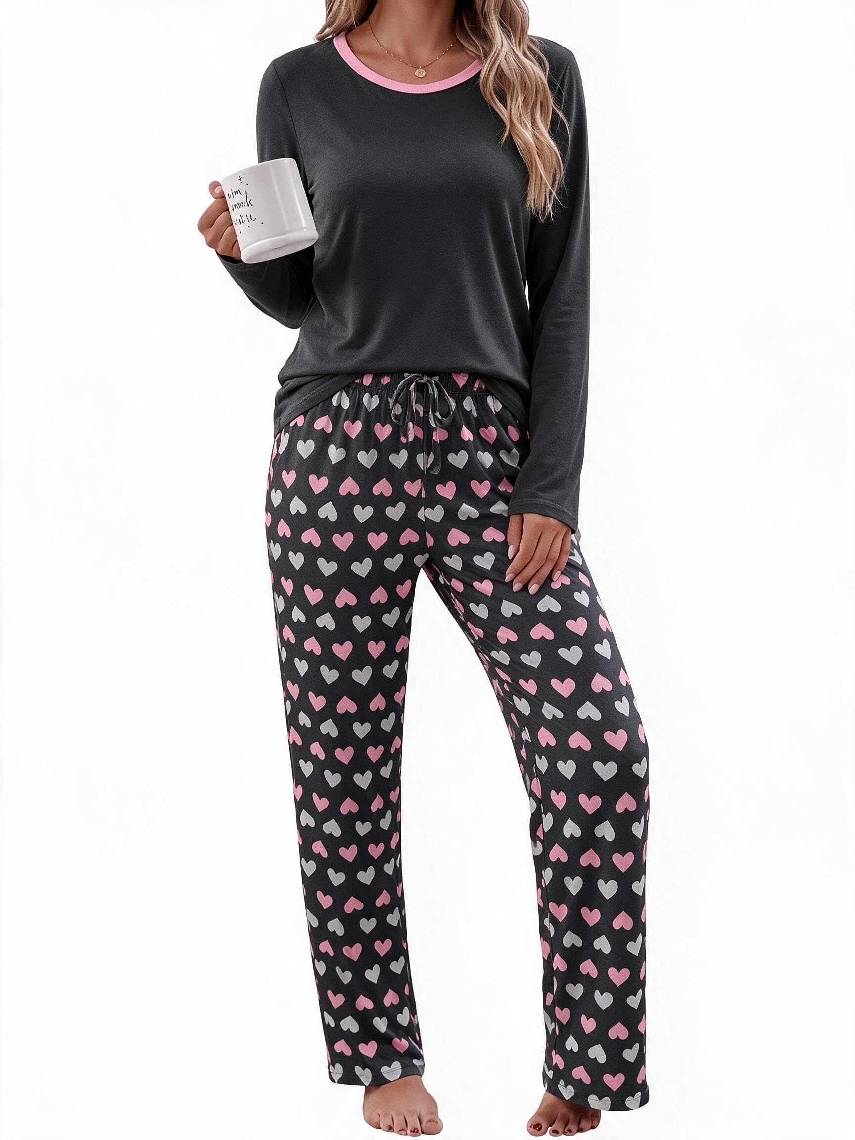 Litherday Schlafanzug Damen Lang Pyjama Set Herzprint Nachtwäsche Hausanzug | Zweiteiliger Rundhals Langarm Oberteil,Pyjamahose mit Taschen und Kordelzug, Bequeme Loungewear für Herbst Winter