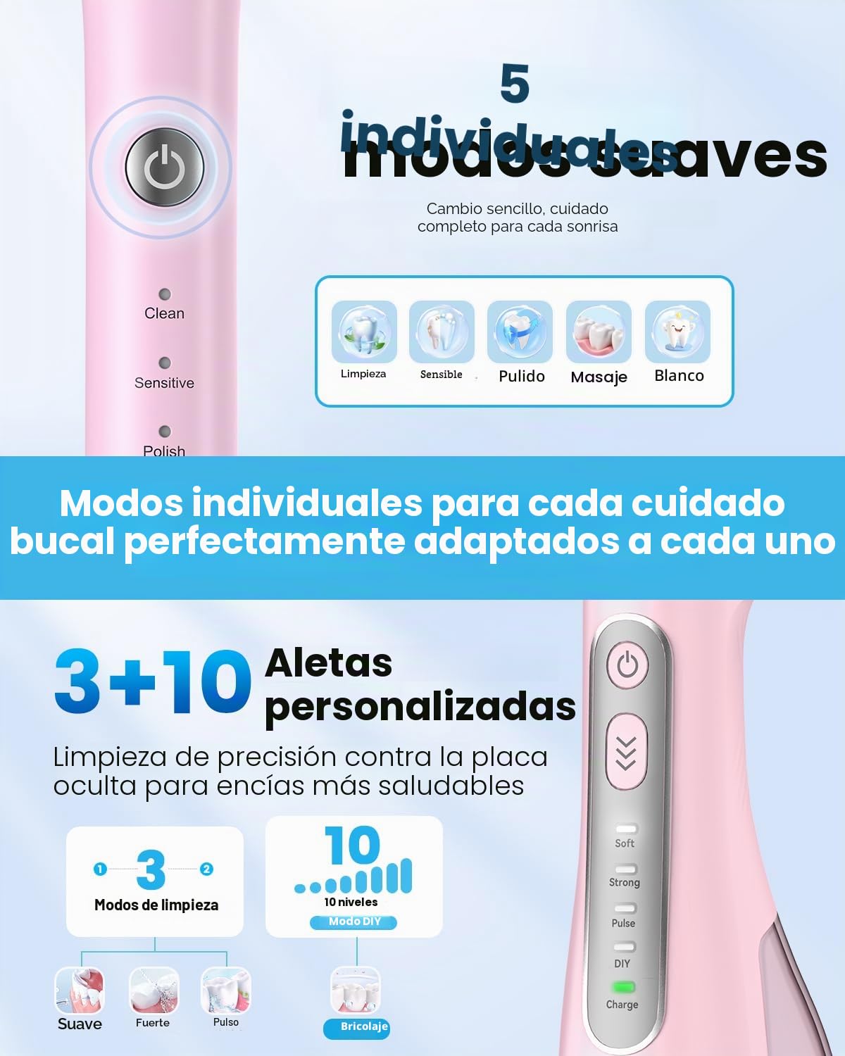 JTF Cepillo de Dientes Eléctrico y Irrigador Bucal 2-en-1 – Kit de Higiene Bucal Portátil para una Limpieza Eficaz y Suave, Múltiples Modos para Brackets y Encías Sensibles, Inalámbrico(Rosa)