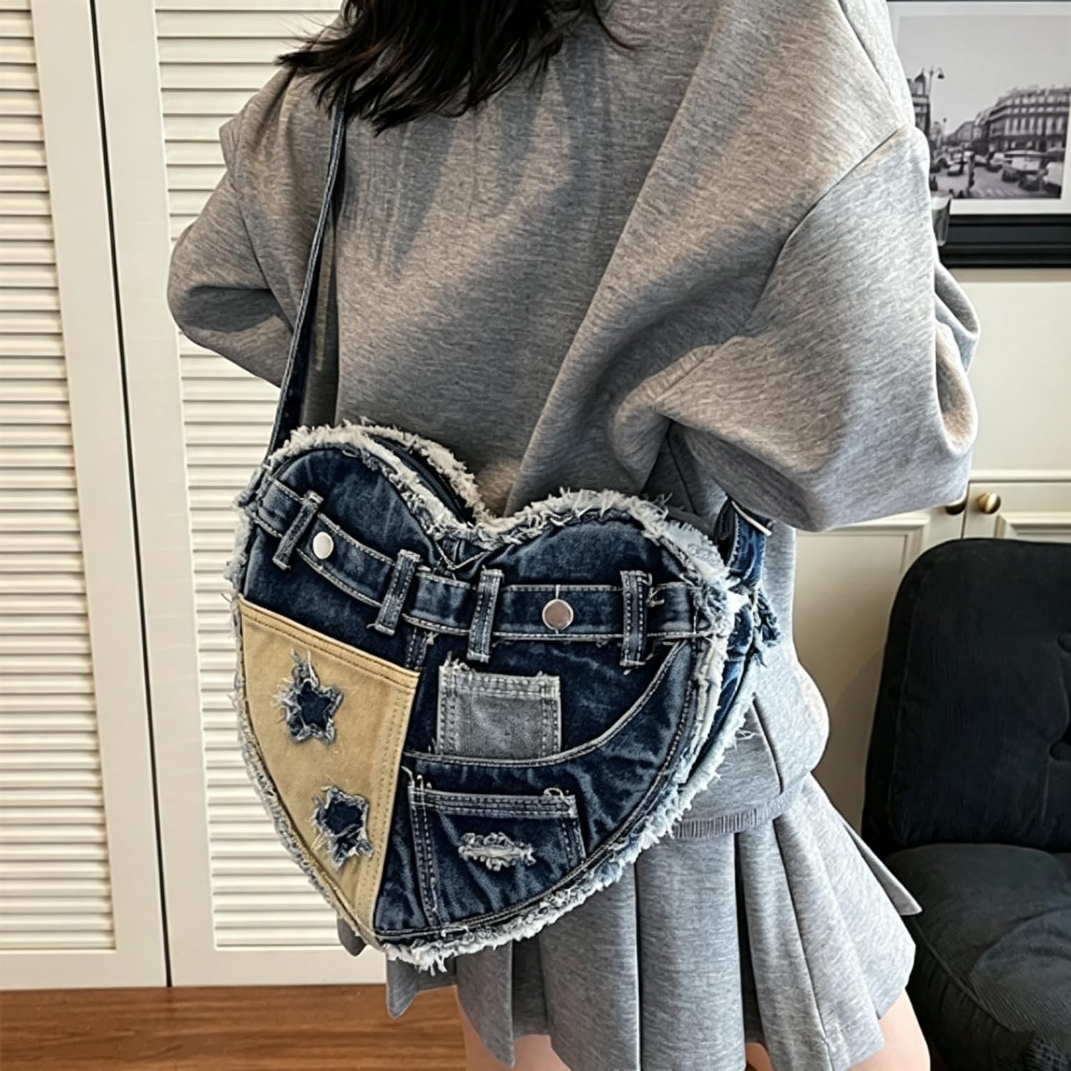 Borsa A Spalla Da Donna In Denim, Un'elegante Borsa Mano Forma Cuore Dal Sapore Rétro,Caratterizzata Design Patchwork Denim;Borsa Tracolla Stile Y2K, Perfetta Diverse Occasioni Casual