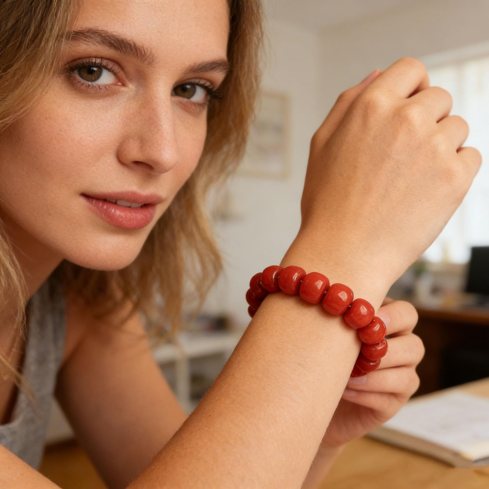 Bracciale in Agata Nanhong - Perline Naturali di Pietre preziose Rosse Cinesi per energia ed Equilibrio, Gioielli in Cristallo Elasticizzato Fatti a Mano per Donne e Uomini,8MM