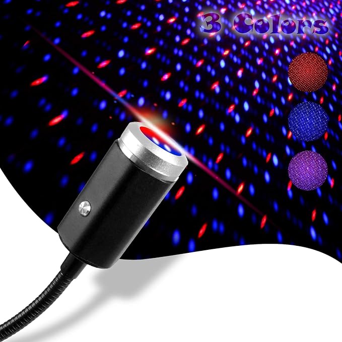 Aevdor Aevdor USB Star Night Light, 3 Colors 7 Lighting Modes, Car Roof Ceiling Lights, Portable Adjustable Romantic Star Light Decor for Bedroom Party Car Interior Ceiling, Plug and Play (Blue&Red)