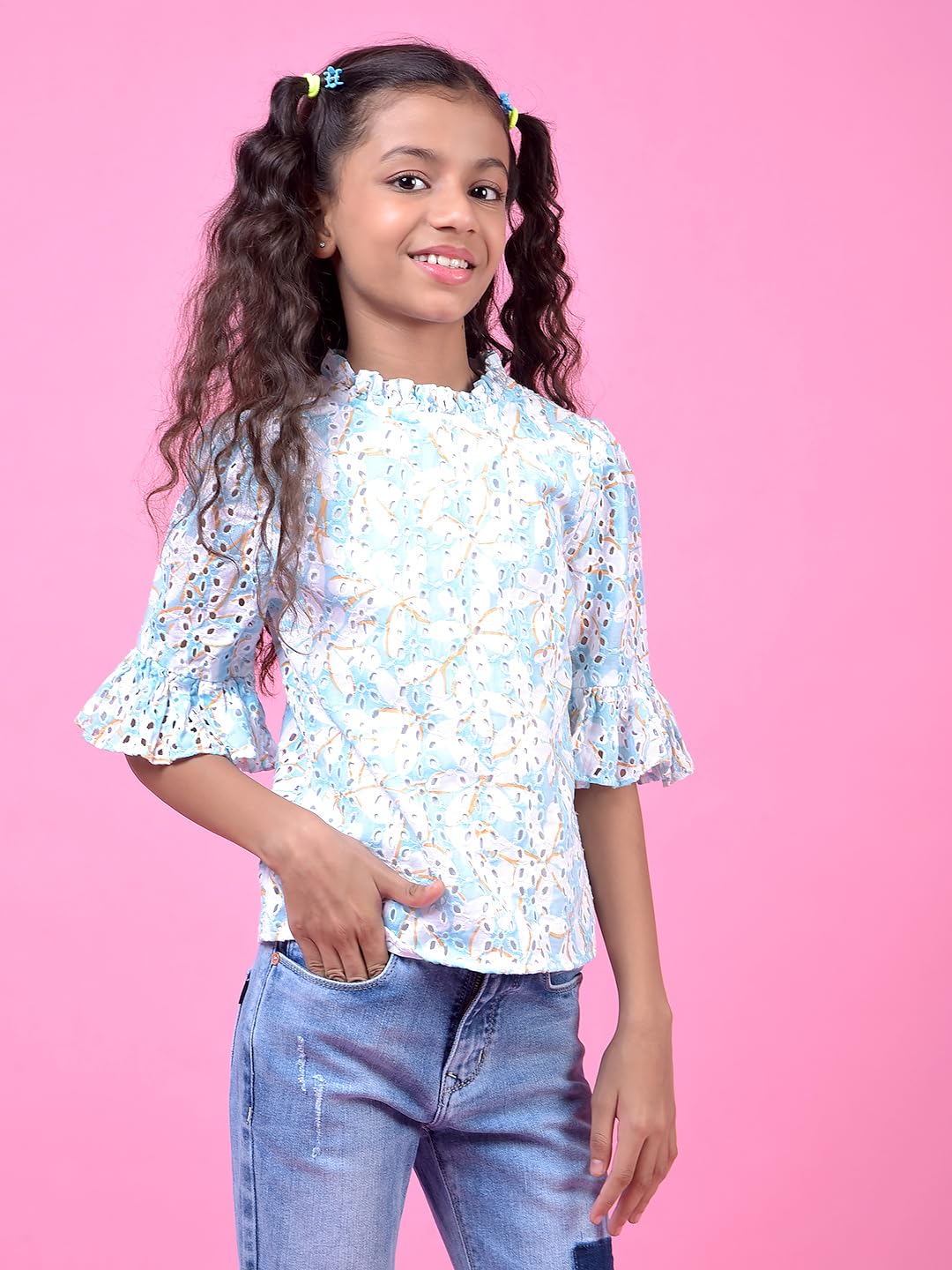 Crimsoune Club Girl's Blue Floral Print 100% Cotton Semi-Sheer Top (13-14Y) 4