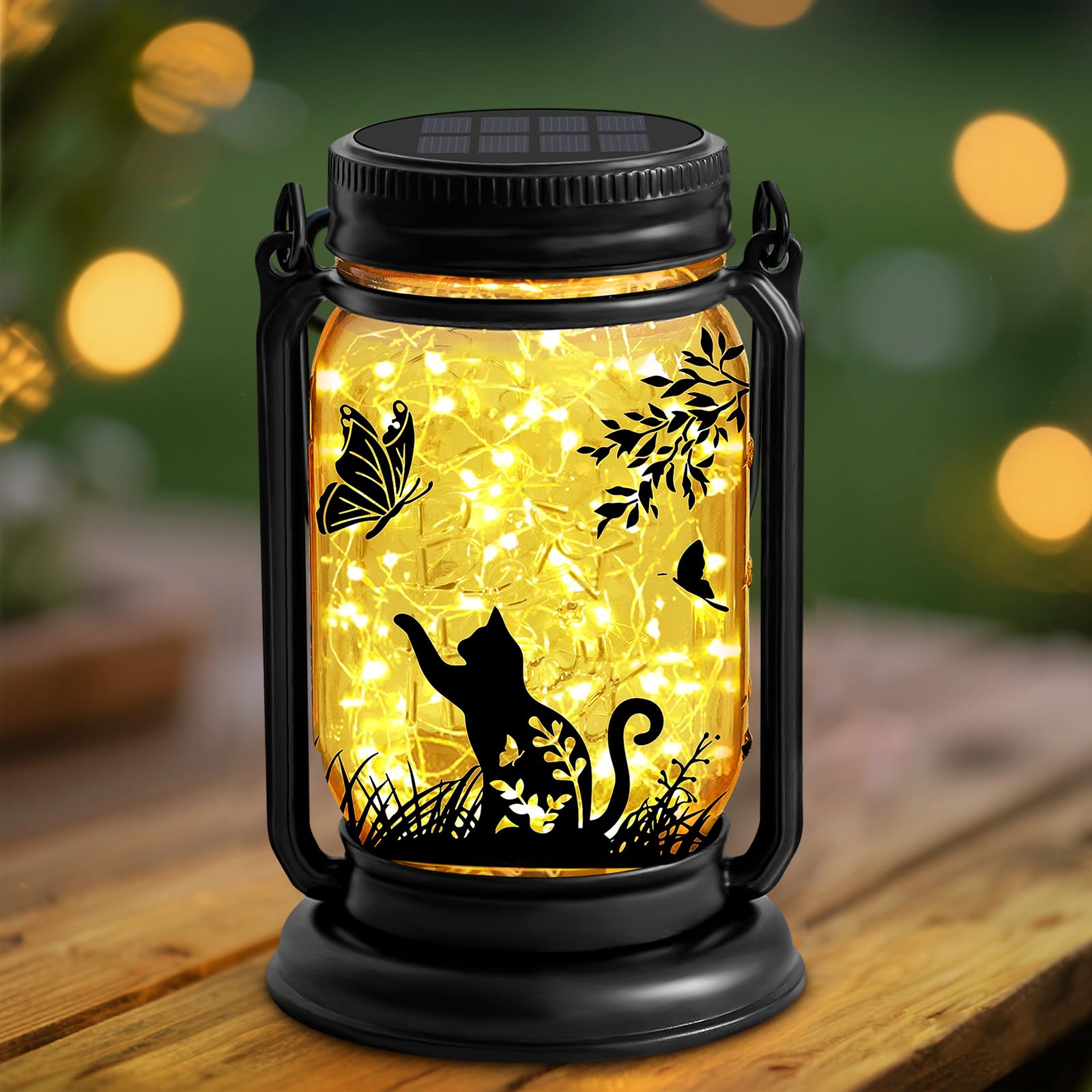 Cat Solar Lanterns Outdoor, Cat Gifts Butterfly Vintage Glass Mason Jar, Birthday Mothers Day Gifts for Mom, Grandma, Women, Waterproof Garden Lights for Patio Yard Lawn Tree Party Decor