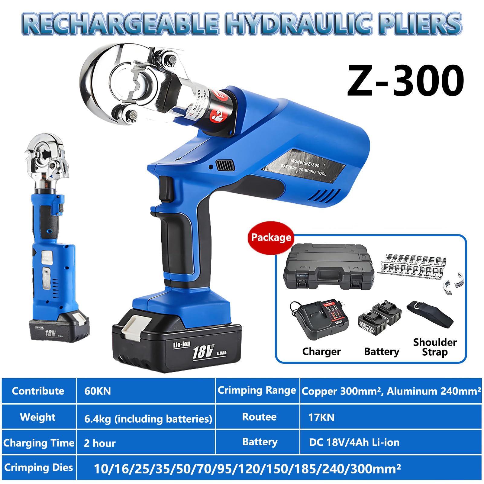 Herramienta de Crimpado Hidráulica Recargable, Crimpado Continuo para Terminales de CU/Al, Crimpadora Hidráulica Terminales Electricos, Alimentada por Batería de Litio EZ-300