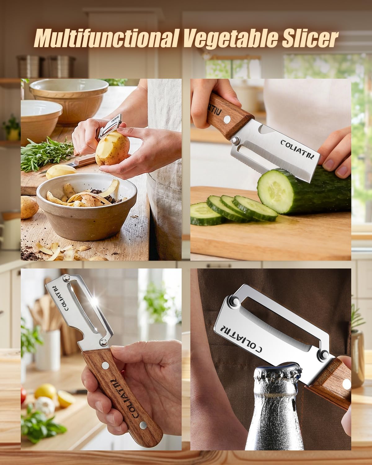 Zero Snag Wooden Kitchen Tools 2-in-1 Multifunctional Vegetable Peeler for Opene Multi-Functional Premium Stainless Steel with Woodens Handle and 2026 New Tool with Bottle Opener (3pcs) — view 4