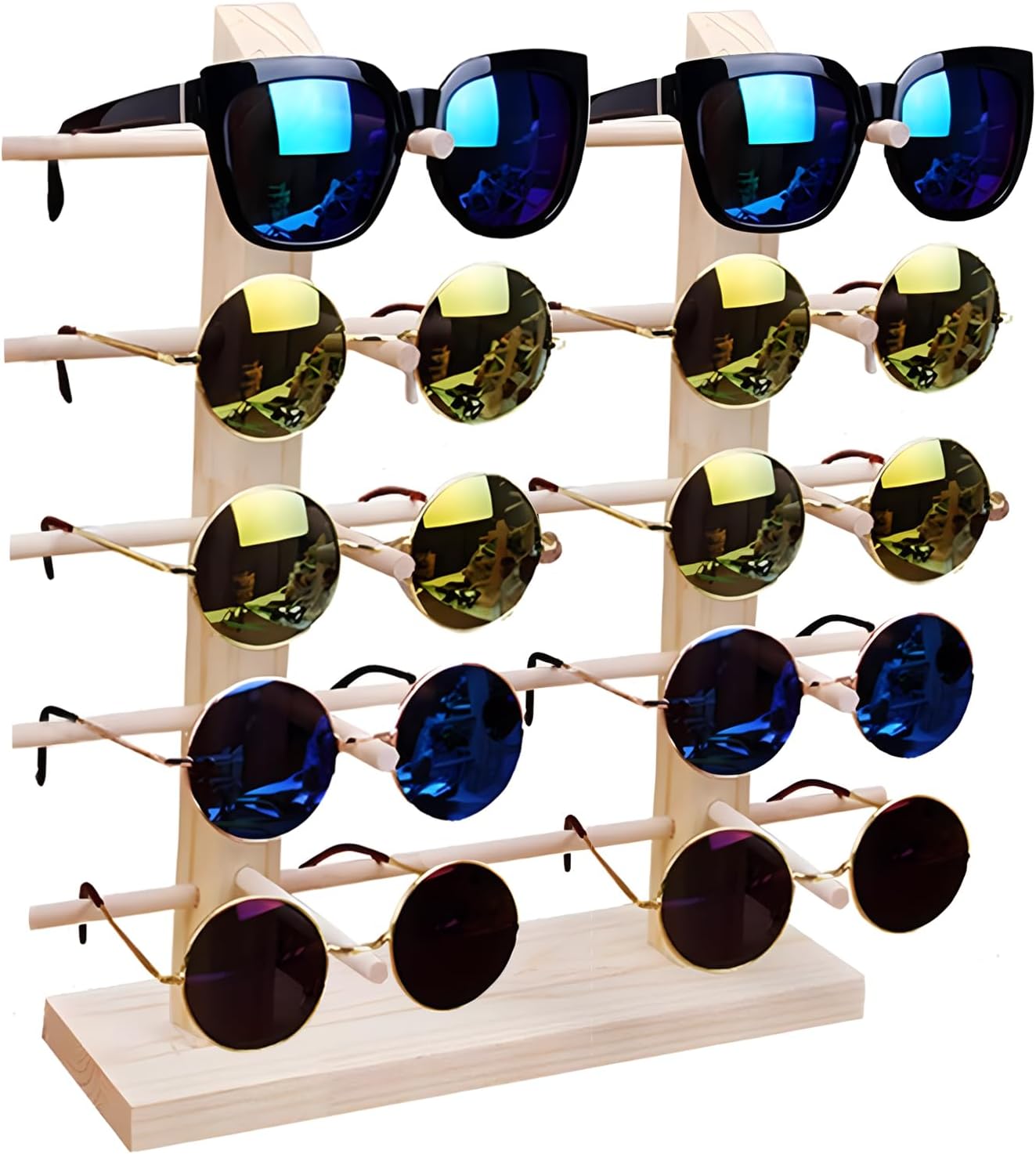 Wooden Sunglasses Rack, 10 Pair Wood Sunglasses Display Stand Glasses Display Rack Eyewear Holder Organizer for Home or Glasses Shop Display (5 Tier)