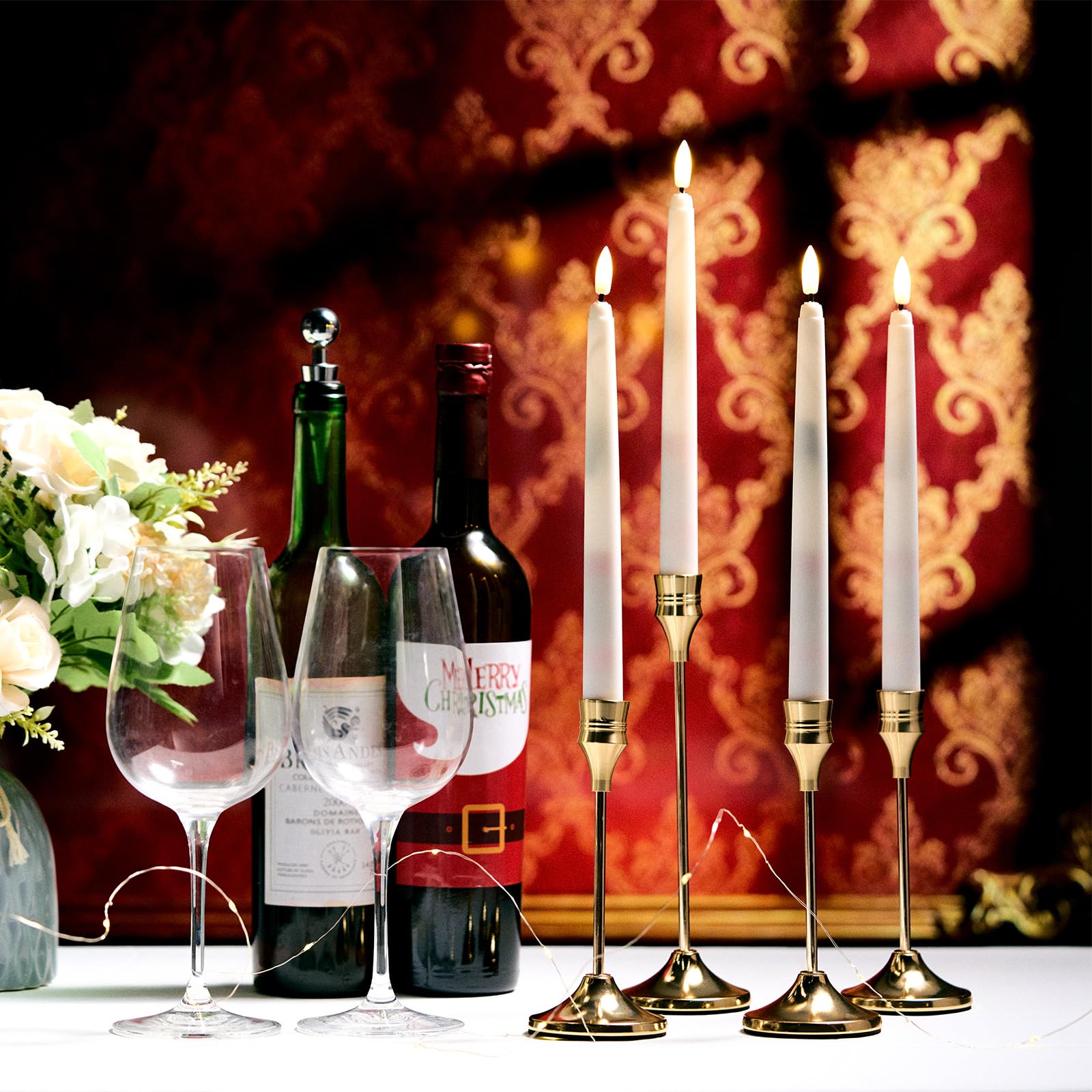 Glooglitter 30 velas LED cónicas sin llama con 30 portavelas dorados y 2 temporizadores, funciona con pilas, luz cónica parpadeante con portavelas de metal a granel para decoración de mesa de boda y