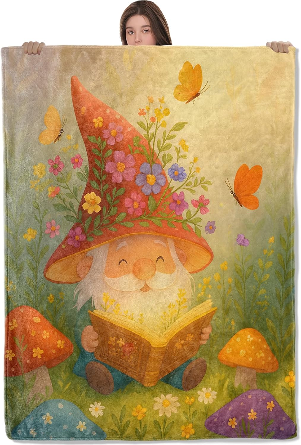 Whimsical Gnome Lightweight Throw Blanket, Fantasy Cartoon Mushroom and Butterfly, Warm Soft Cozy Flannel Blankets, Couch Bed Dorm Home Decor All Season Use, 60x50in, Yellow, Gifts for Kids