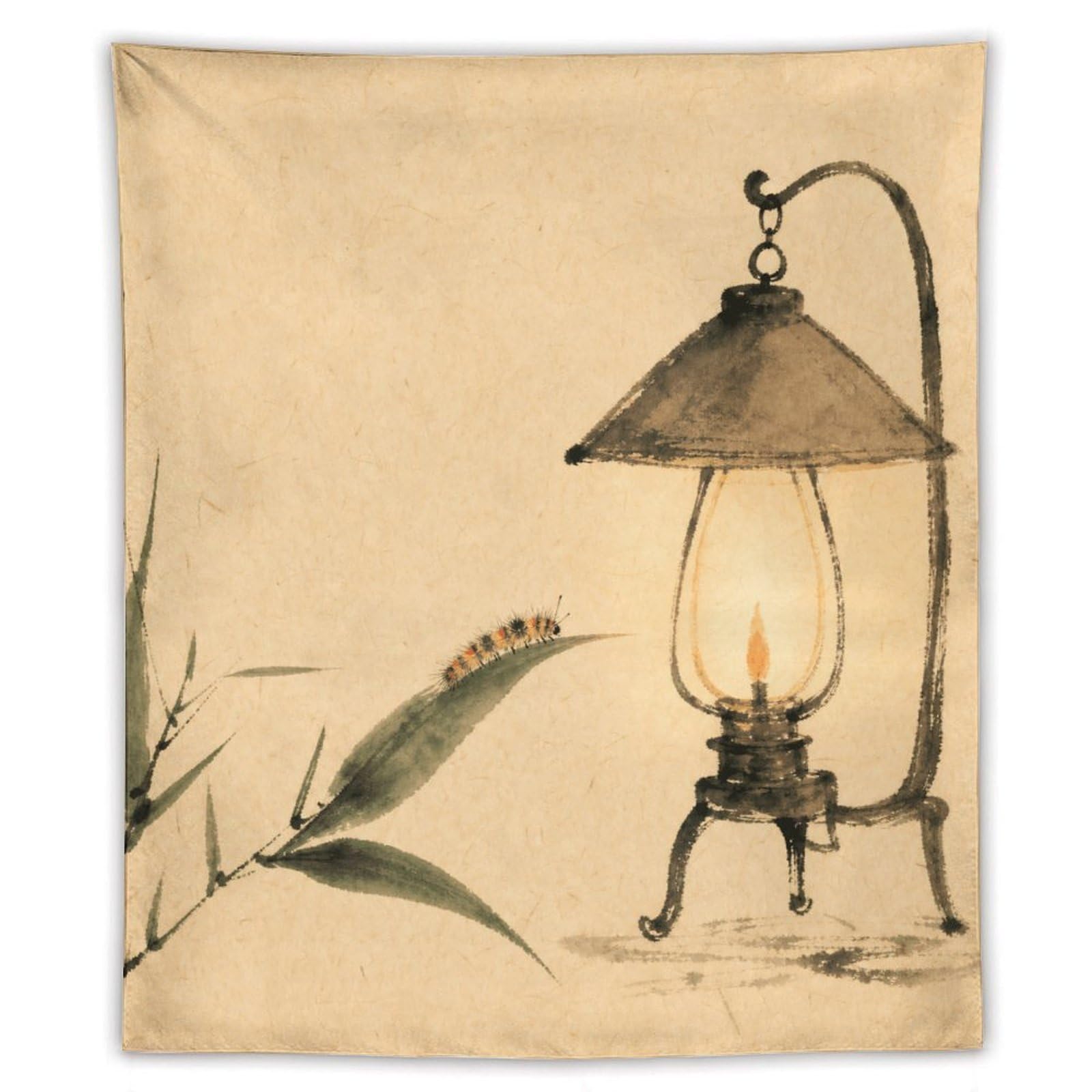 W7C8U2X3 Hanging Lantern with Bamboo Wall Tapestry, Asian Ink, Dorm Room