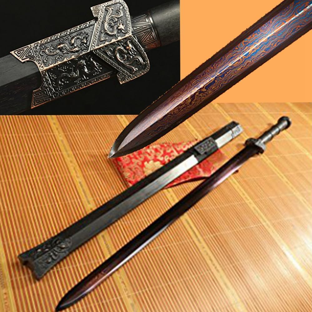 42' FULL TANG DAMASCUS FOLDED STEEL BLUE BLADE CHINESE HAN SWORD Handle Bamboo fixed