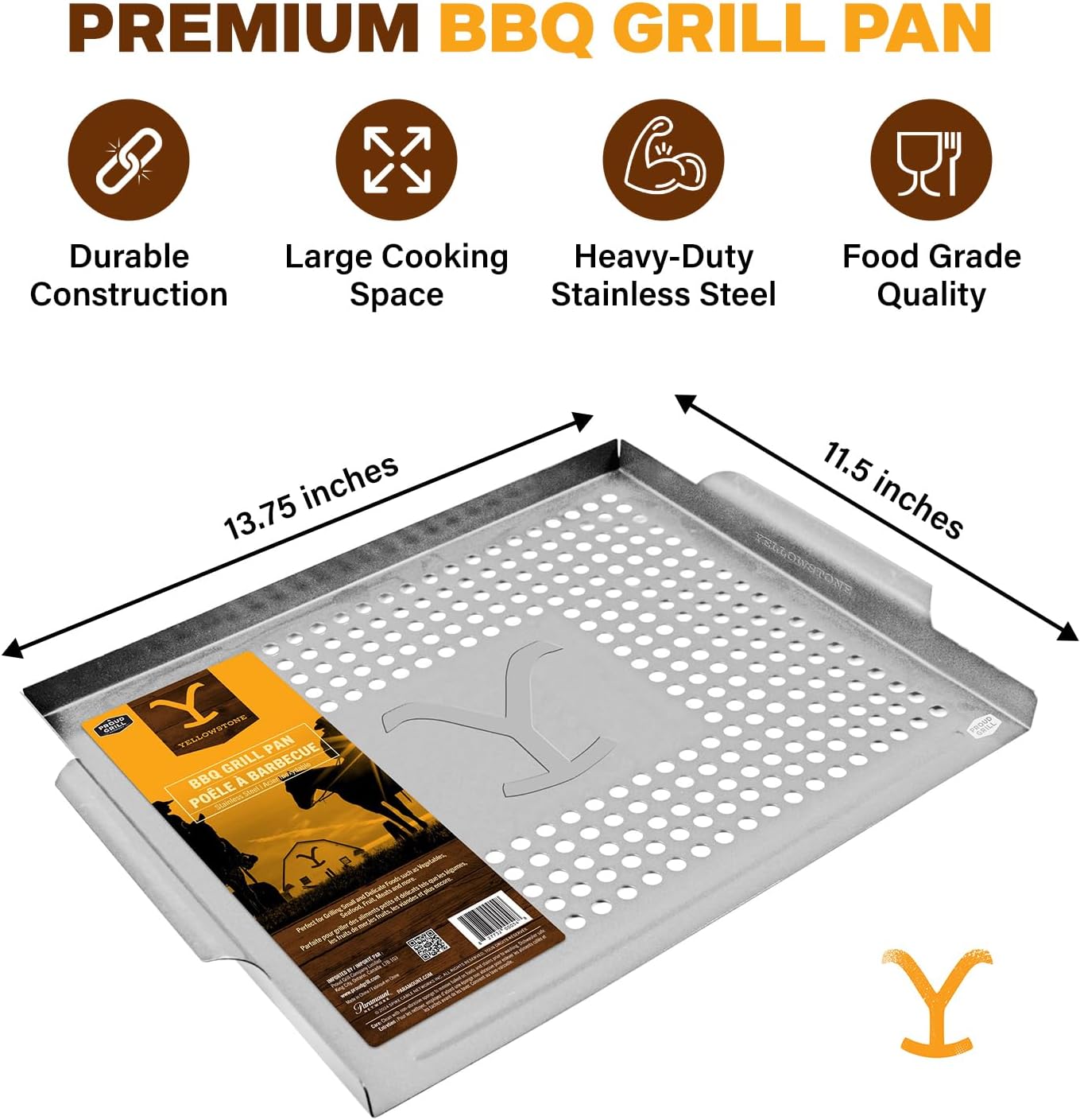Proud Grill Company Yellowstone BBQ Grill Pan - Stainless Steel Topper, Grilling Tray for Veggies, Seafood & Meat, Outdoor Cooking Pan, Smoker Tray Gifts for Men, Heavy Duty BBQ Accessories - Silver