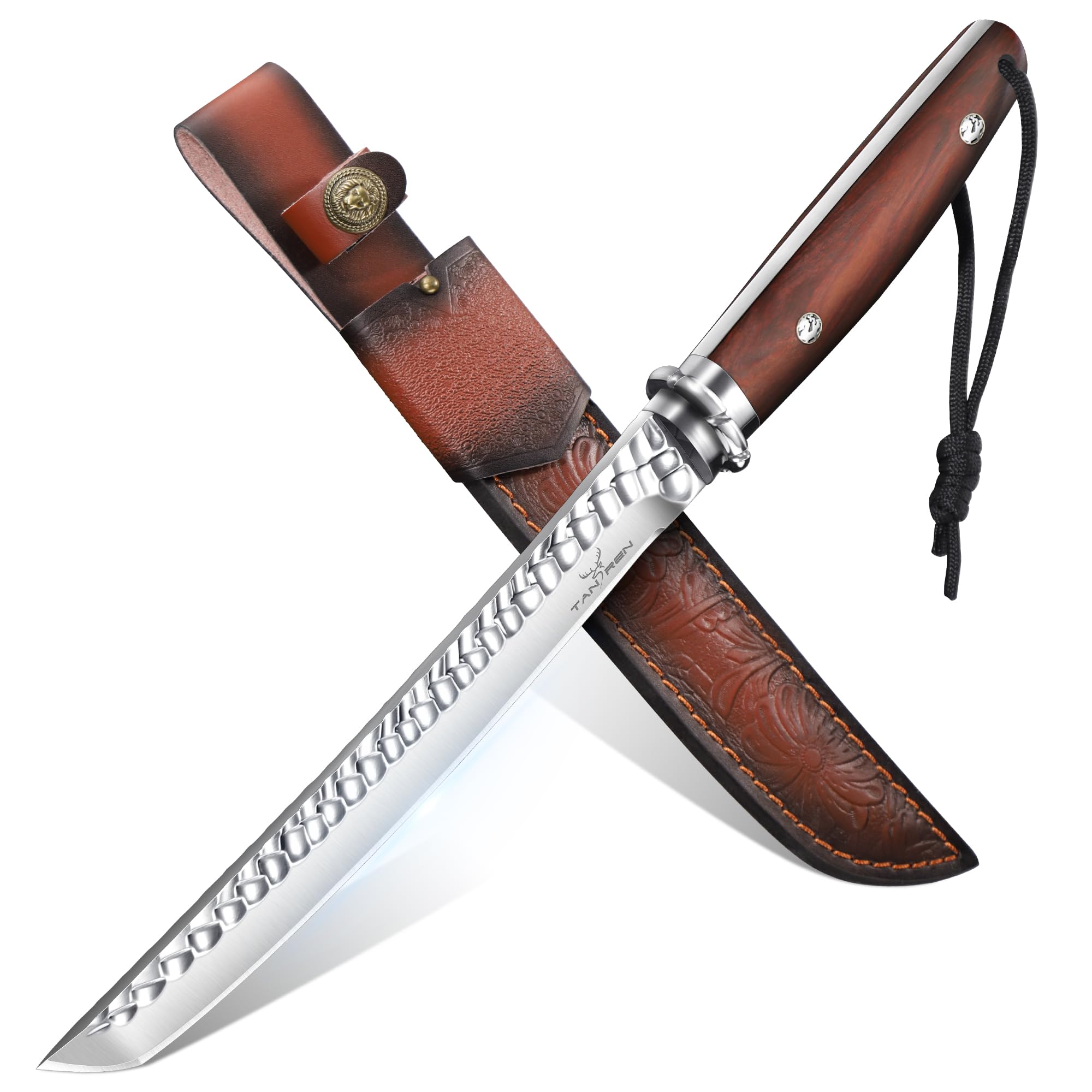 TAN REN Nóż survivalowy 21 cm Full Tang, nóż myśliwski ze skórzaną pochwą, ostry nóż myśliwski ze stałym ostrzem, nóż survivalowy D2 do użytku na zewnątrz