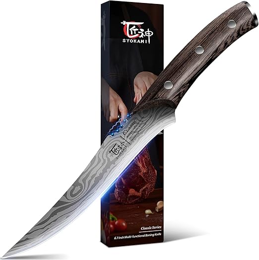 Boning Knife for Meat Cutting, 6.7 Inch Fillet Knife with Wood Handle, High Carbon Razor Sharp Flexible Blade for Deboning, Trimming, Damascus Pattern Full Tang Design, House Warming Gifts