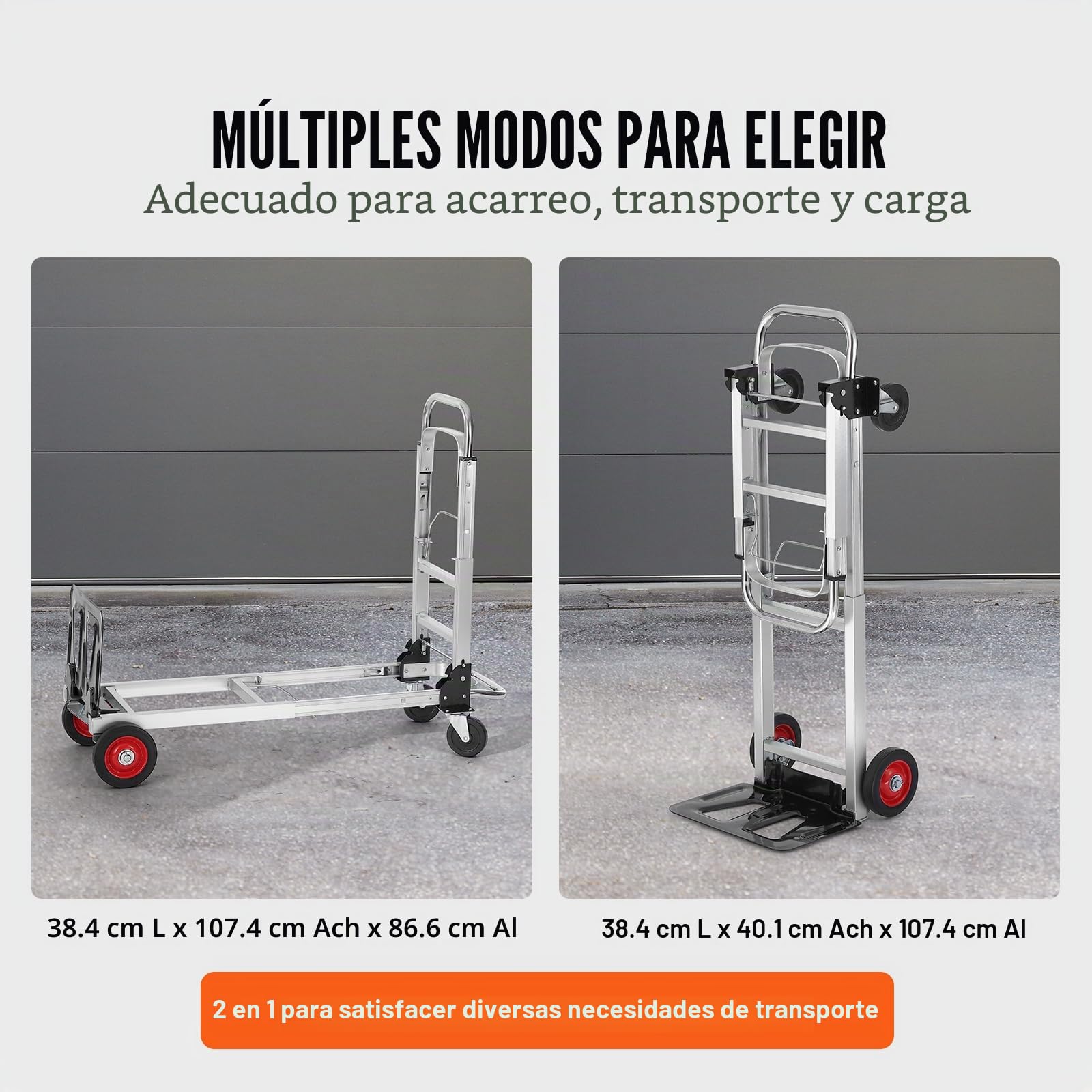 VEVOR Carretilla de Mano Plegable de Aluminio Carro de Mano 2 en 1 Carretilla de Transporte Plegable con Plataforma Carga de 181 kg Ruedas de Goma para Transporte de Mercancías de Almacén Supermercado