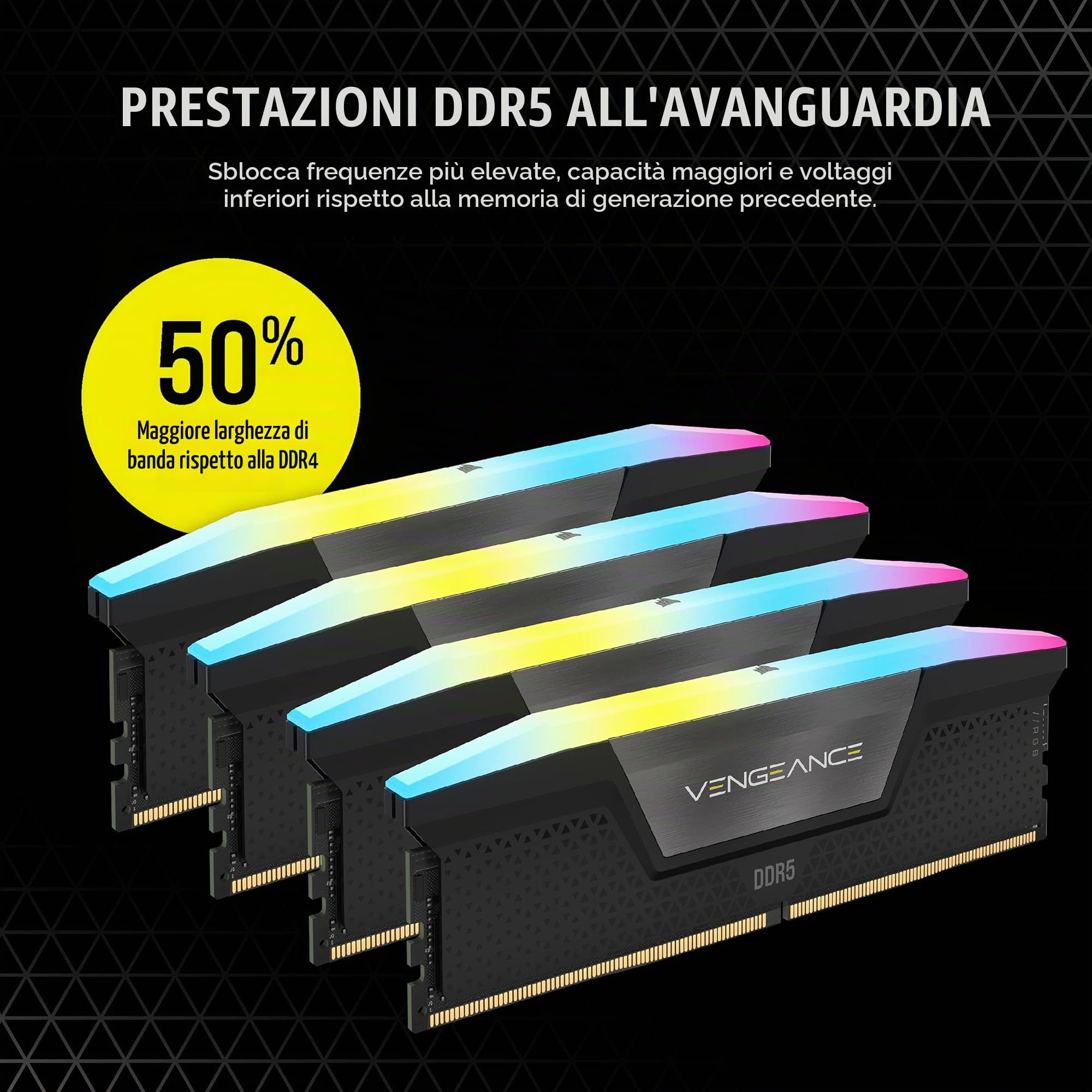 CORSAIR VENGEANCE RGB DDR5 RAM 64GB (4x16GB) 6200MHz CL32 Intel XMP Compatibile iCUE Memoria per Computer - Nero (CMH64GX5M4B6200C32)