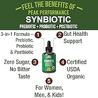 Vista 2 de Organic Synbiotic = Prebiotics + Probiotics + Postbiotics 3-in-1 Supplement for Women, Men, & Kids. Pre, Pro, & Post Biotics Liquid Drops for Gut +