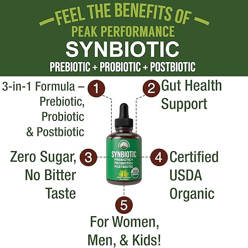 Vista 2 de Organic Synbiotic = Prebiotics + Probiotics + Postbiotics 3-in-1 Supplement for Women, Men, & Kids. Pre, Pro, & Post Biotics Liquid Drops for Gut +