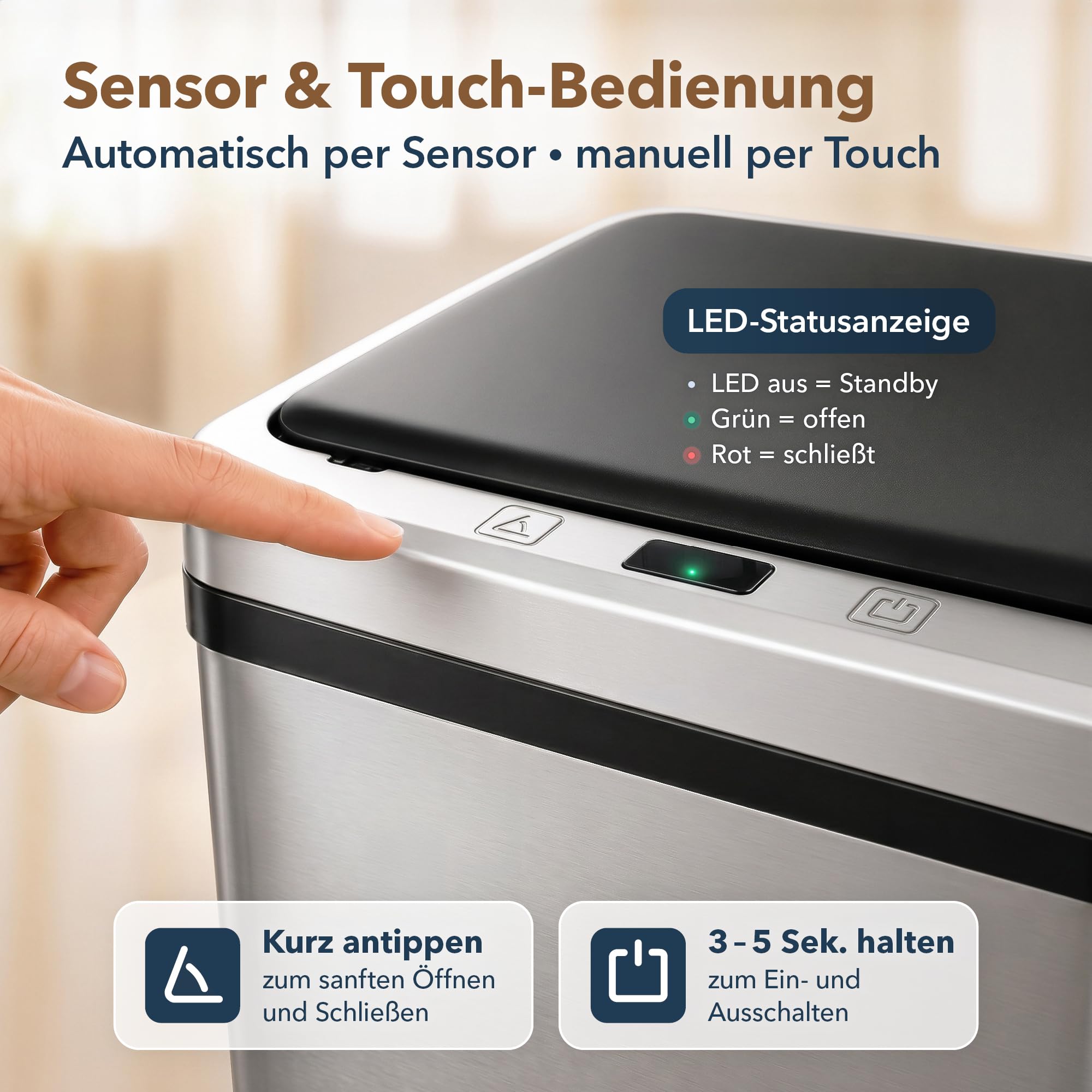 ledscom.de 2x SORTA Sensor Mülleimer 50L, Edelstahl Abfalleimer | automatischer Bewegungssensor, Touch-Bedienung, Soft-Close, 4x AA Batterie, 35,5 x 26 x 67 cm, Silber/Schwarz