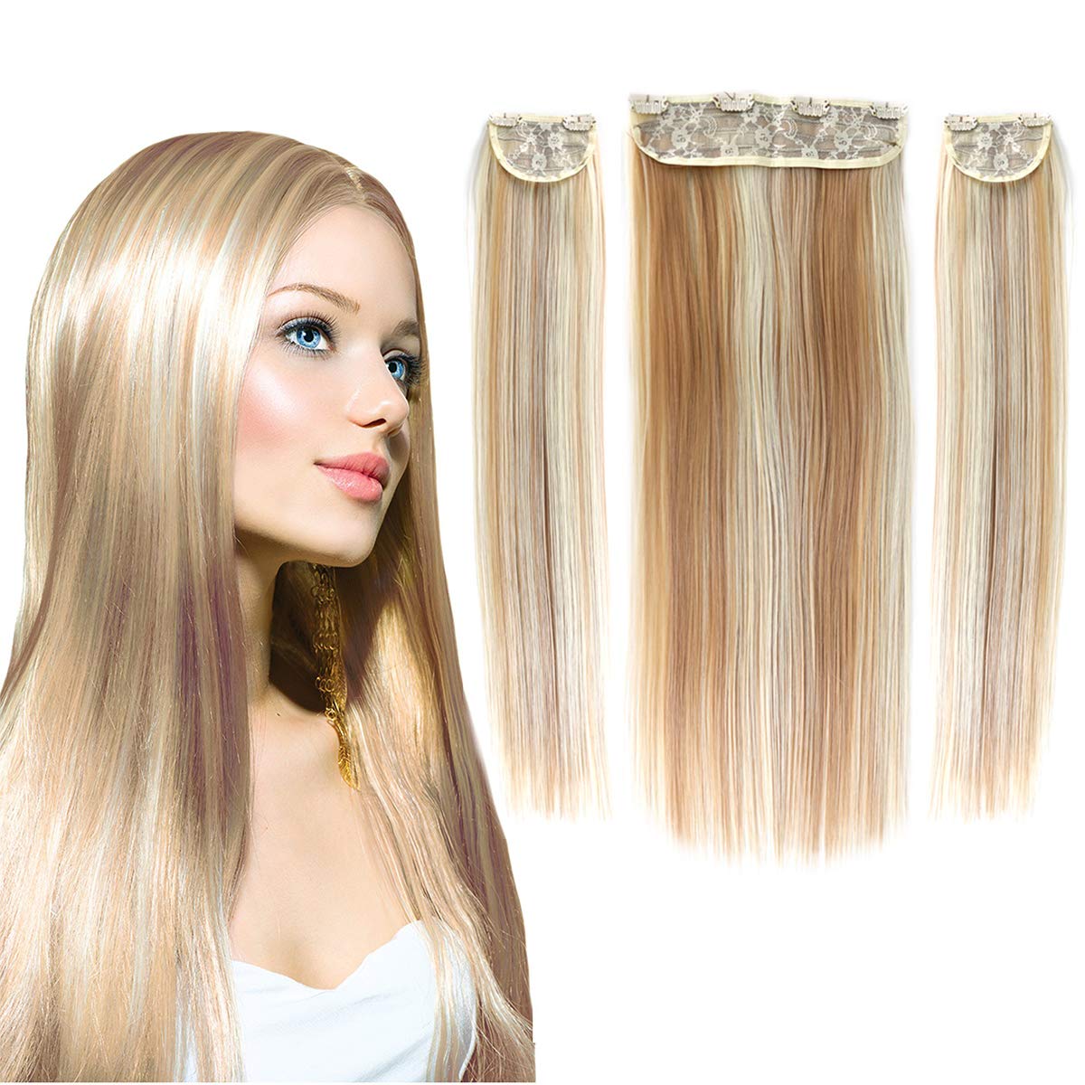 BHF Hair Extensions Clip Ins Blonde Balayage - Long Straight Clip in Hair Extensions for Women clip in 3Pcs Set (140gram #27/613 Strawberry Blonde and Blonde Highlights 20INCH)