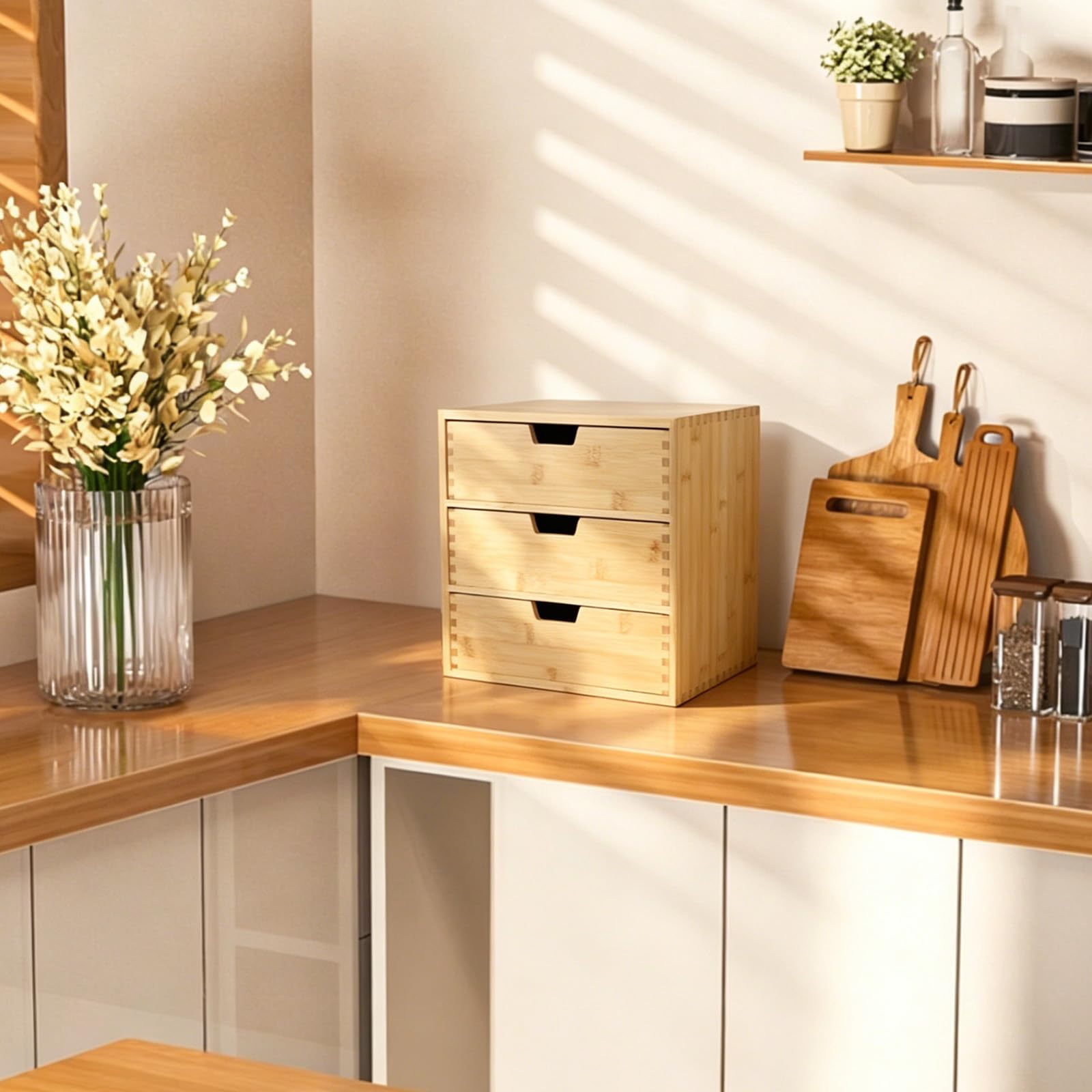 EFUTURETIME Organizer da Scrivania con 3 Cassetti in Legno, 28,5 x 20 x 28,5 cm, Piccola Cassettiera Scrivania, Scatola Portaoggetti in Bambù per Bustine di Tè, Capsule di Caffè, Penne, Cosmetici