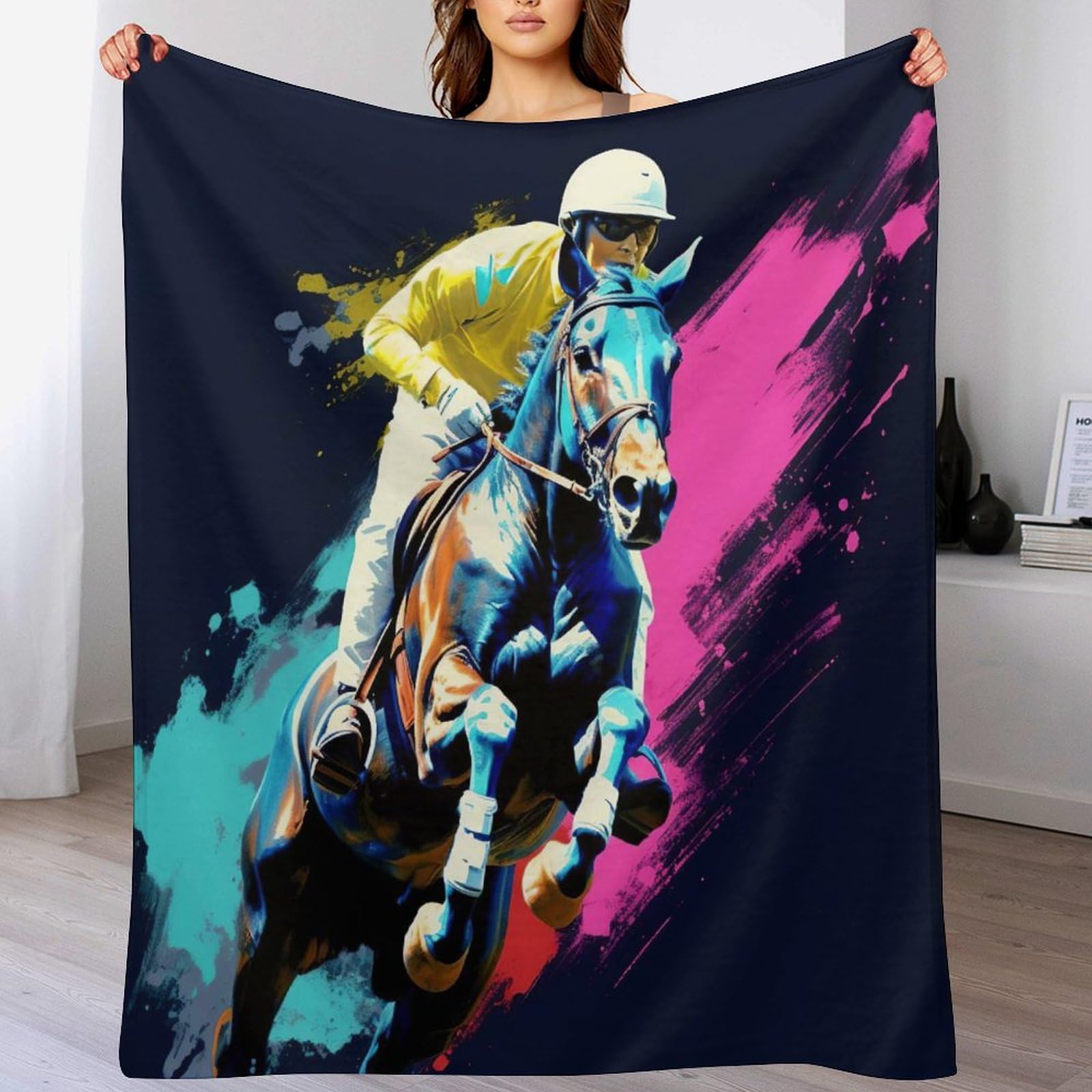 Couverture en flanelle polaire douce 100x130cm avec motif de cheval de course racing
