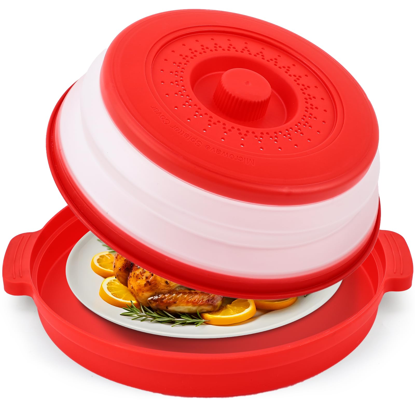 Microwave Splatter Cover for Food with Anti-scald Base Plate,Large Plastic &amp; Silicone Vented Avoid Scalding Collapsible Guard Lid,Kitchen Essential Gadgets for Meal Prep-10.7 Inch (Red)
