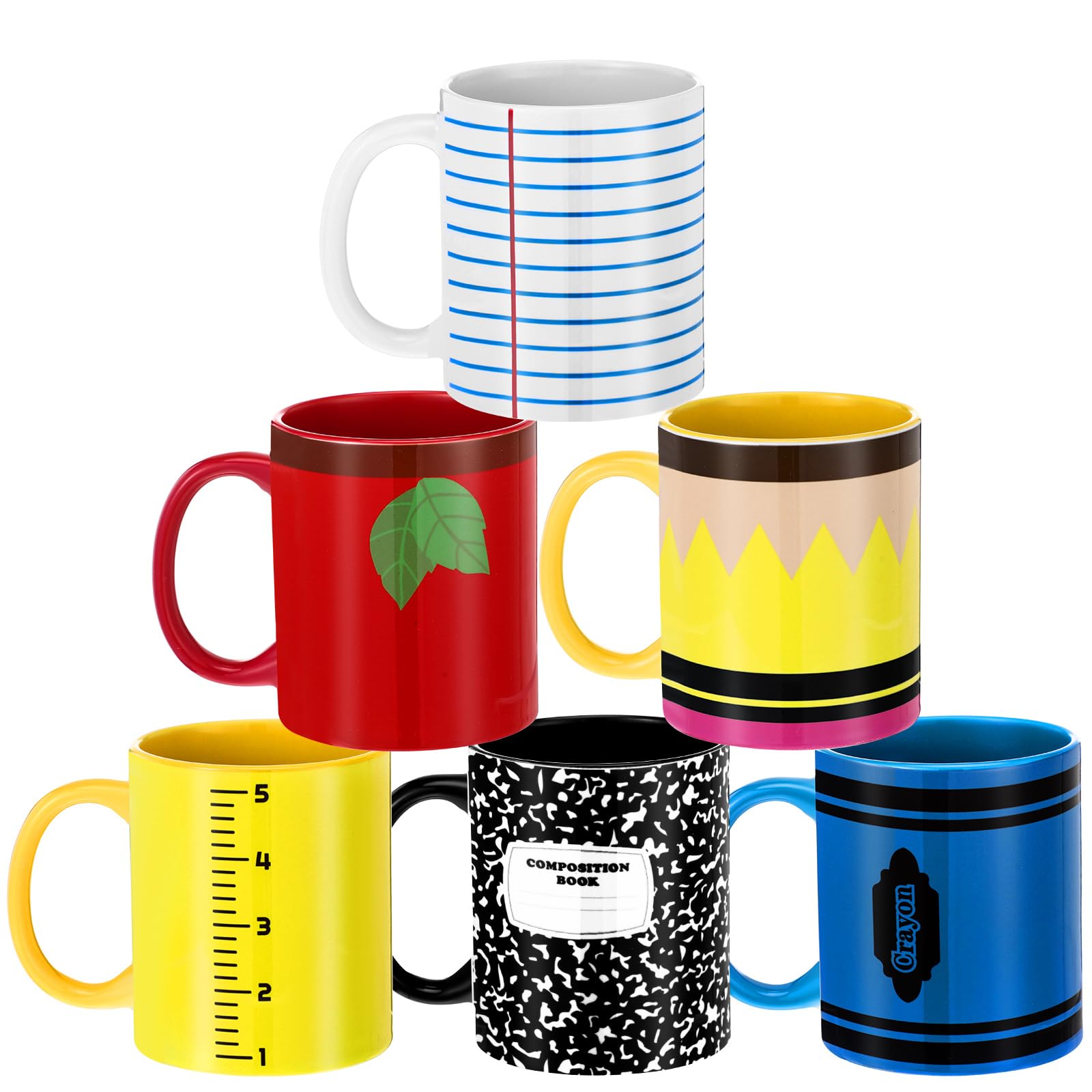 Lot de 6 tasses à café en céramique avec poignées pour enseignant de Noël, Thanksgiving, carnet de notes, design crayon pour maternelle, enseignant primaire - 325 ml