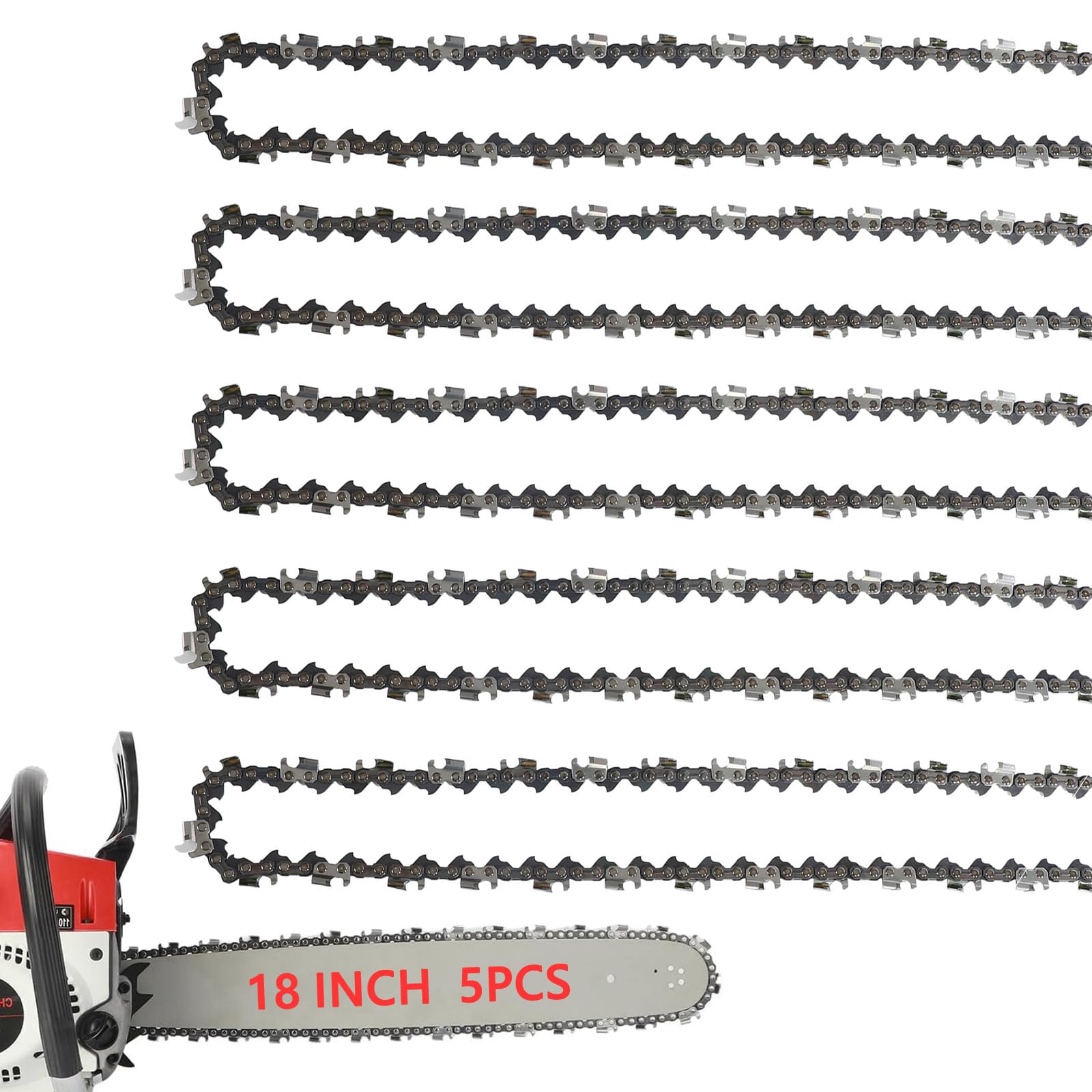 5Pack 18 Inch Chainsaw Chain 3/8" LP Pitch .050" Gauge 62 Drive Links Fits Poulan Pro 051338, EGO AC1800, Greenworks, Echo, Kobalt, Remington,