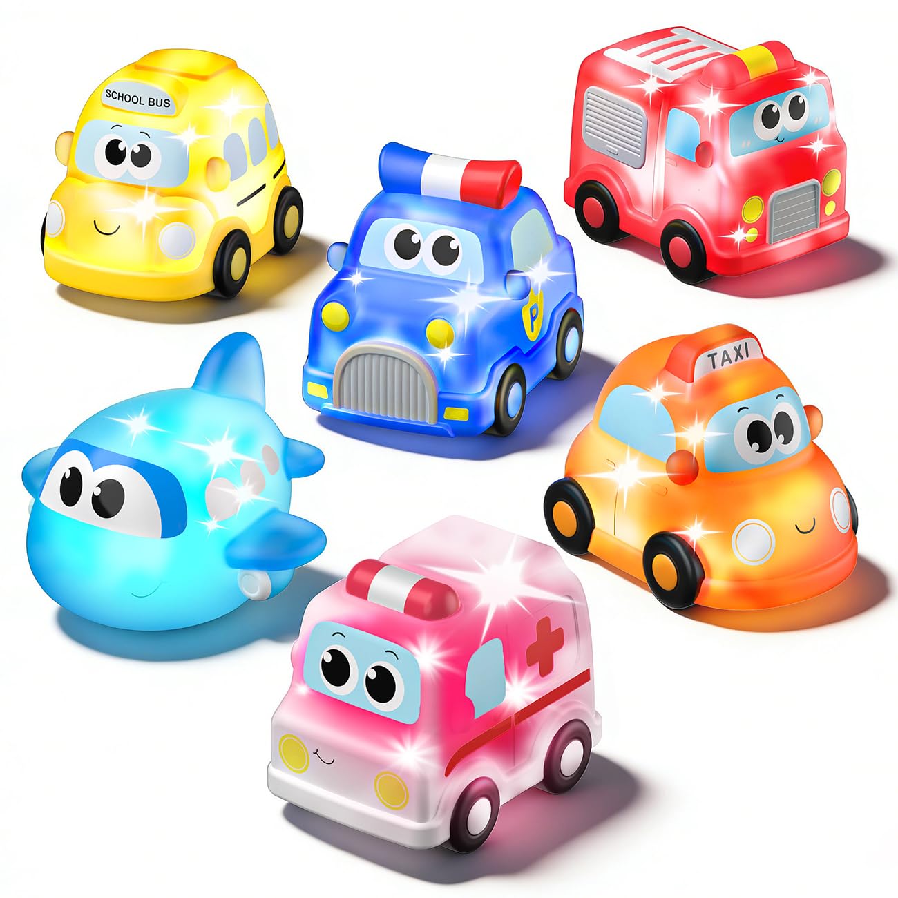 6 Packs Car Light Up Baby Bath Toys for 1 2 Year Old Boys, Toddlers Bath Toys with Colorful Lights, Water Pool Sensory Toys for Kids Ages 1-3, Birthday Gifts Present