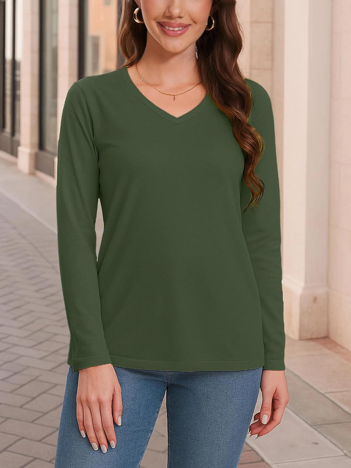 SMENG Womens Long Sleeve Shirts Pure Cotton V Neck T Shirt Basic Tops Casual Soft Tees - Image 4