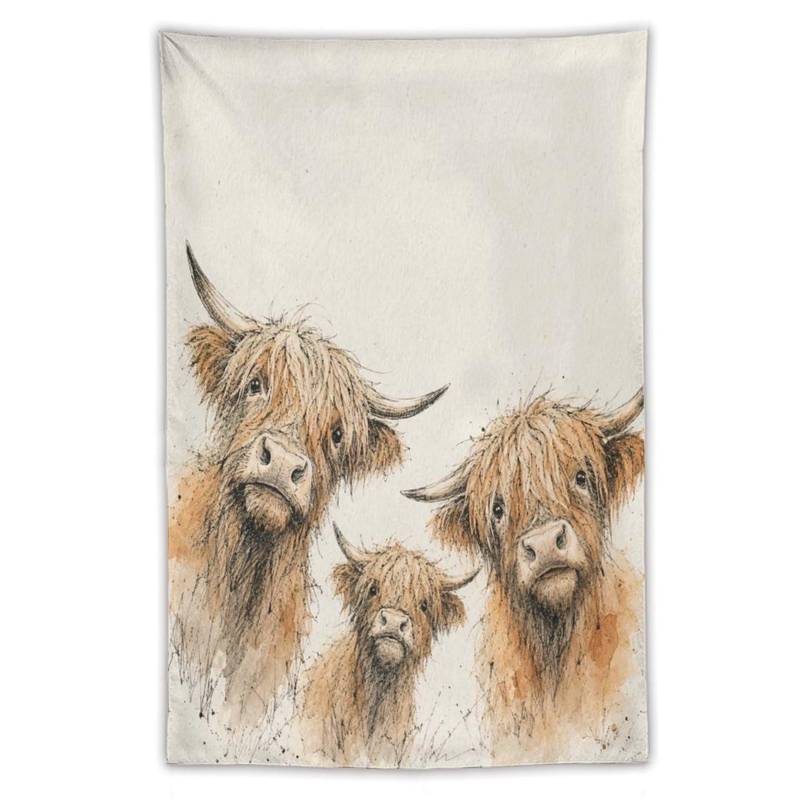 W7C8U2X3 Highland Cow Family Wall Tapestry, Watercolor, Room Divider