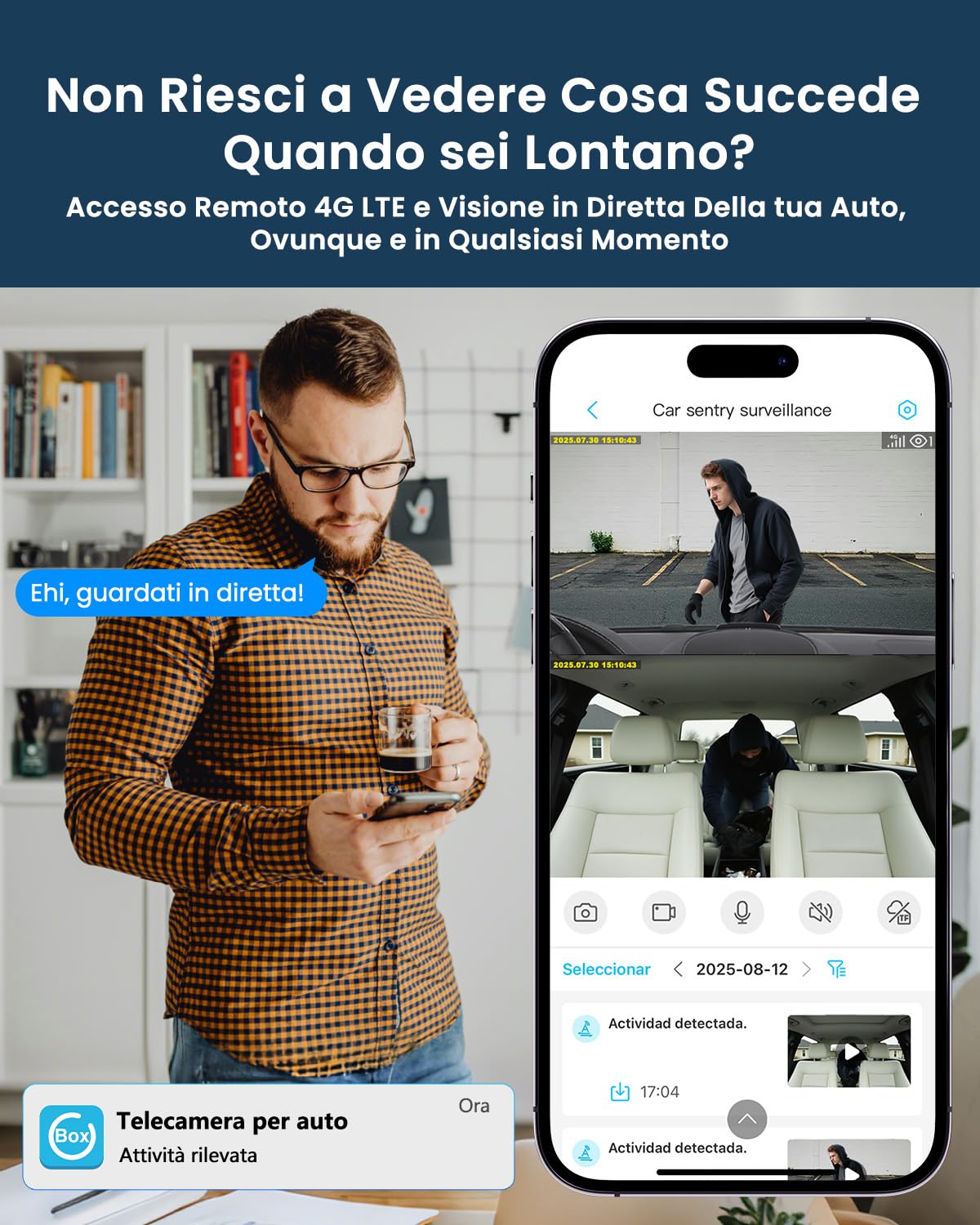 Dash Cam Auto 4G LTE con SIM, Doppia Telecamera per Auto Atti Vandalici, Parcheggio 24/7, Allerte Istantanei, Live-Video & Audio Bidirezionale, GPS, Cloud & SD, Anti-Furto per Flotte & Famiglie