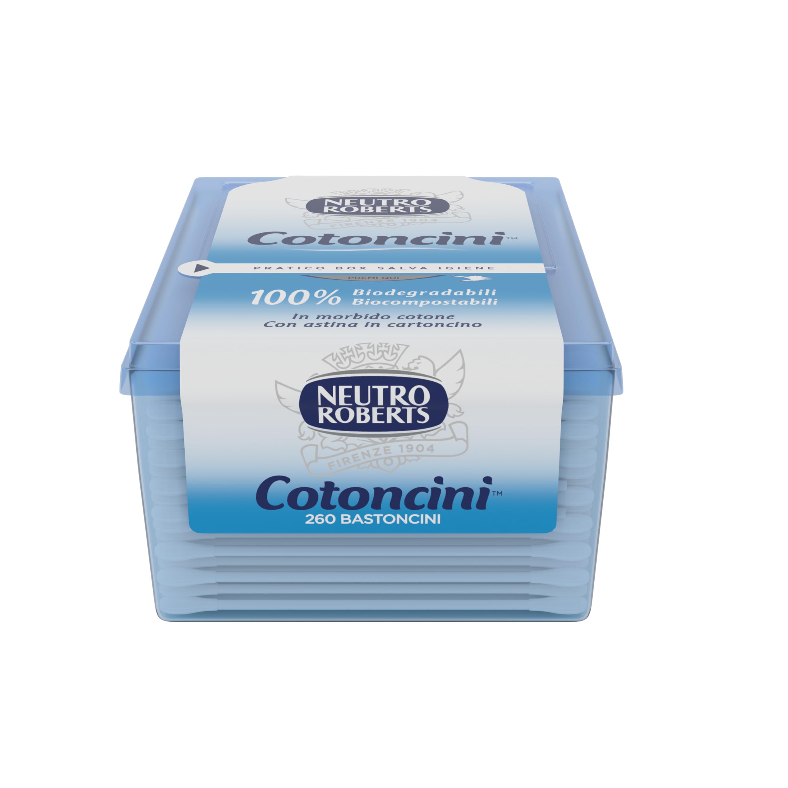 Neutro Roberts - Cotoncini con Box Salva Igiene - Cotton Fioc Morbidi e Biodegradabili con Astina in Cartoncino - Cotoncini con Camomilla, Ideali per Bambini - Confezione da 260 Pezzi