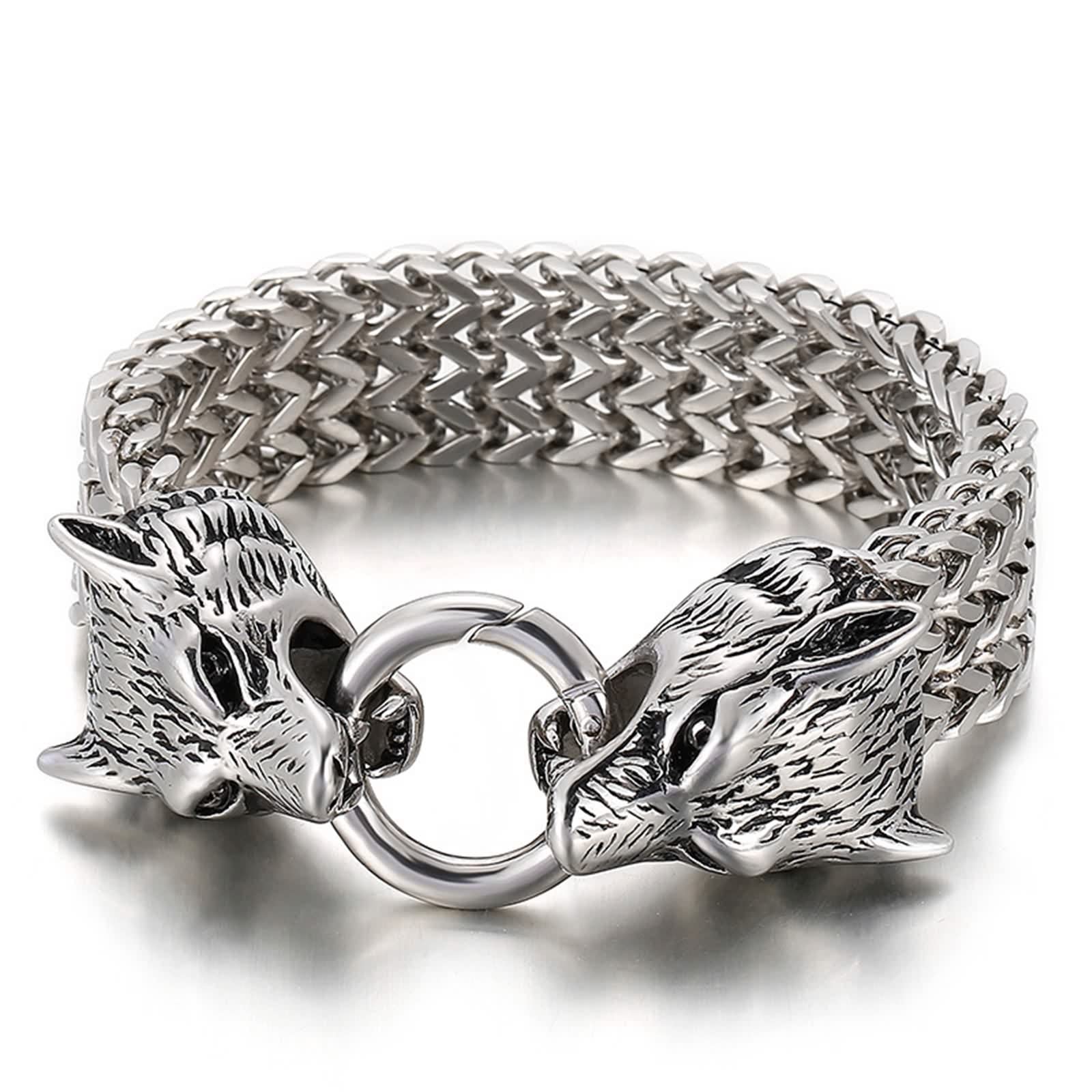 Brazalete Hombre Negro, Pulseras Hombre Acero Inoxidable Punk Calavera Cabeza de León Cabeza de Lobo Brazalete Hombres