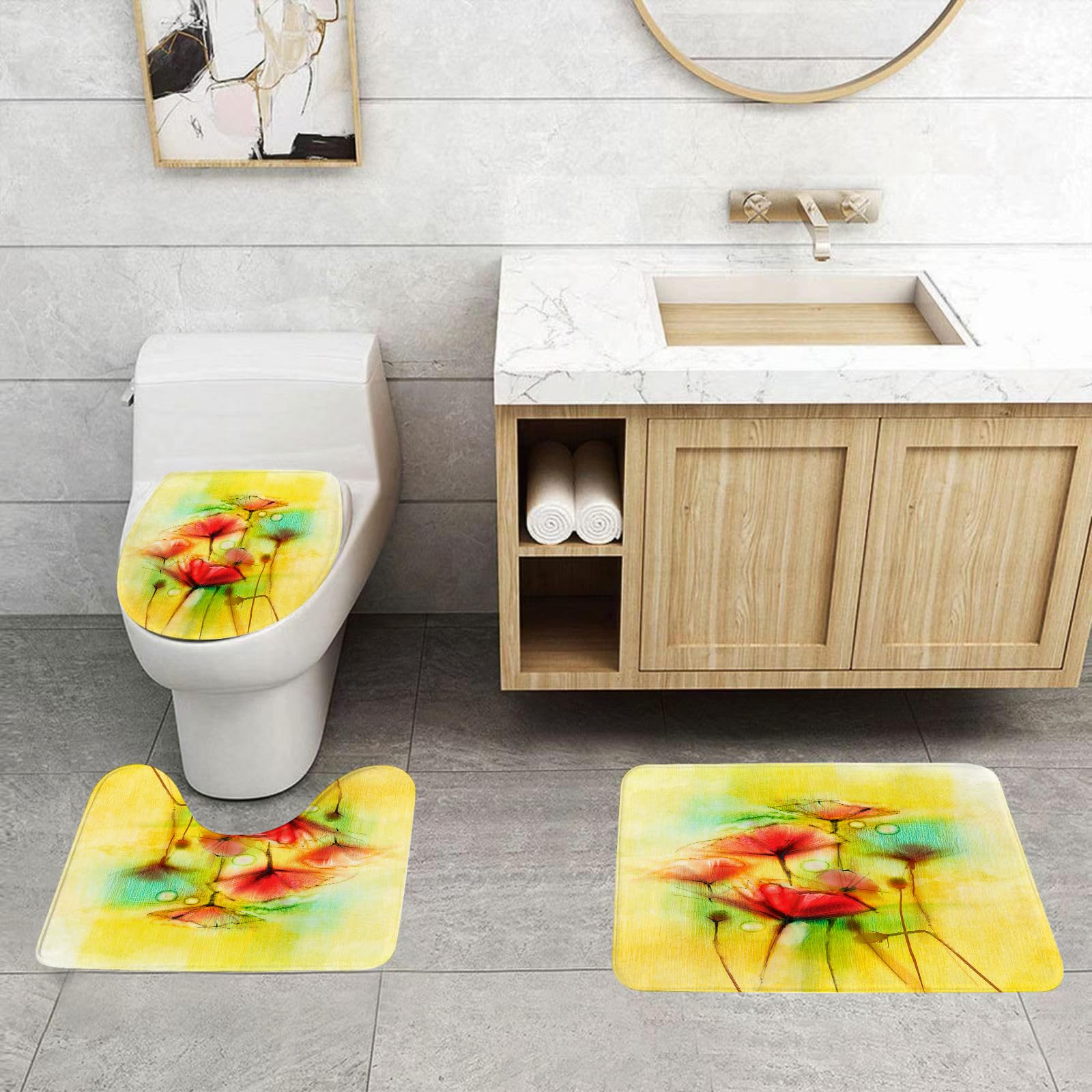 Set di 3 tappetini da Bagno, Lavabili in Lavatrice e Antiscivolo, tappetini in Morbida Fibra Superfine, Motivo Floreale ad Acquerello, Papaveri in tonalità Primaverili, Immagine mo