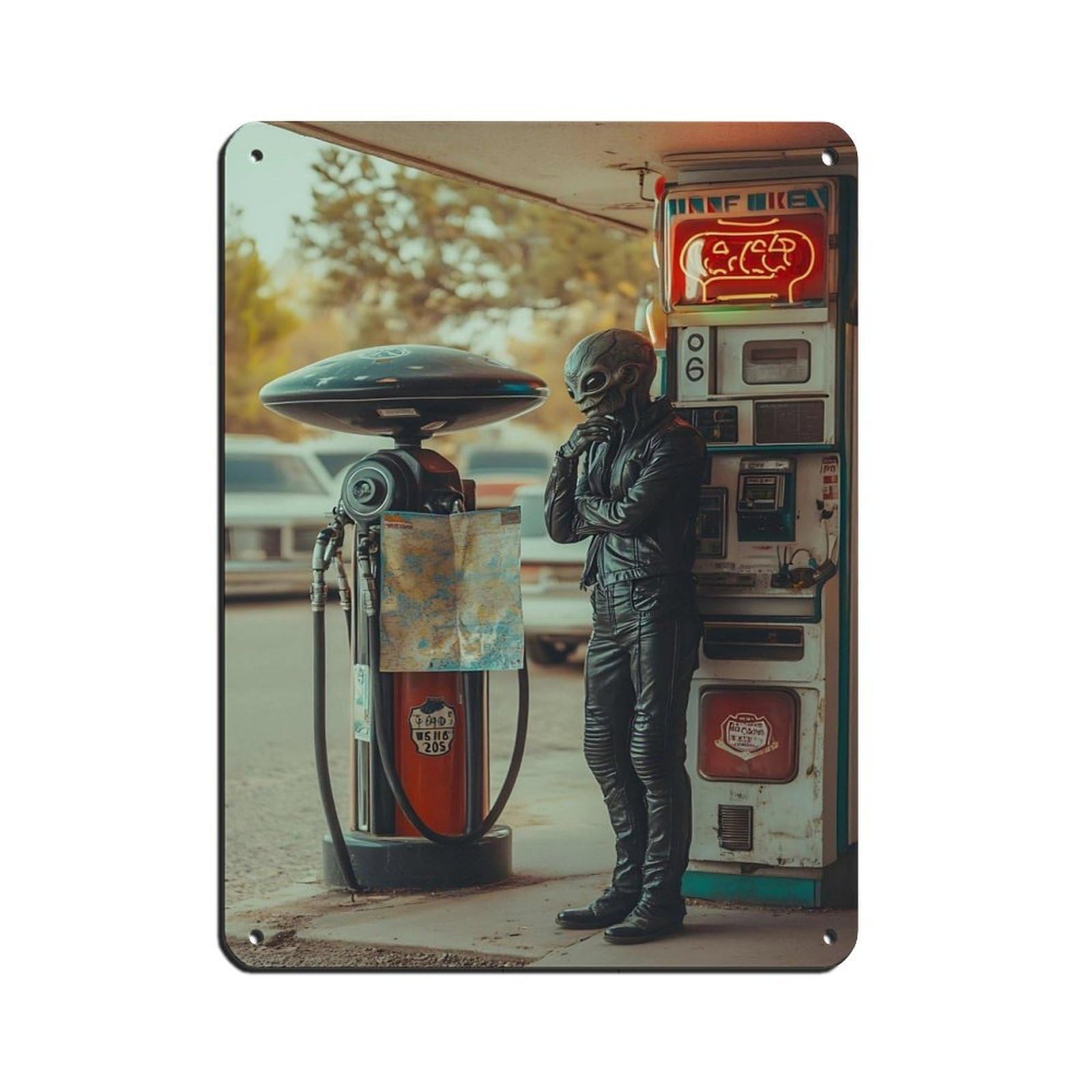 Retro Sci-Fi Alien Gas Station Tin Sign Vintage Metal Pub Club Cafe Bar Home Wall Art Decoration Poster Retro 12x16inch(30x40cm)