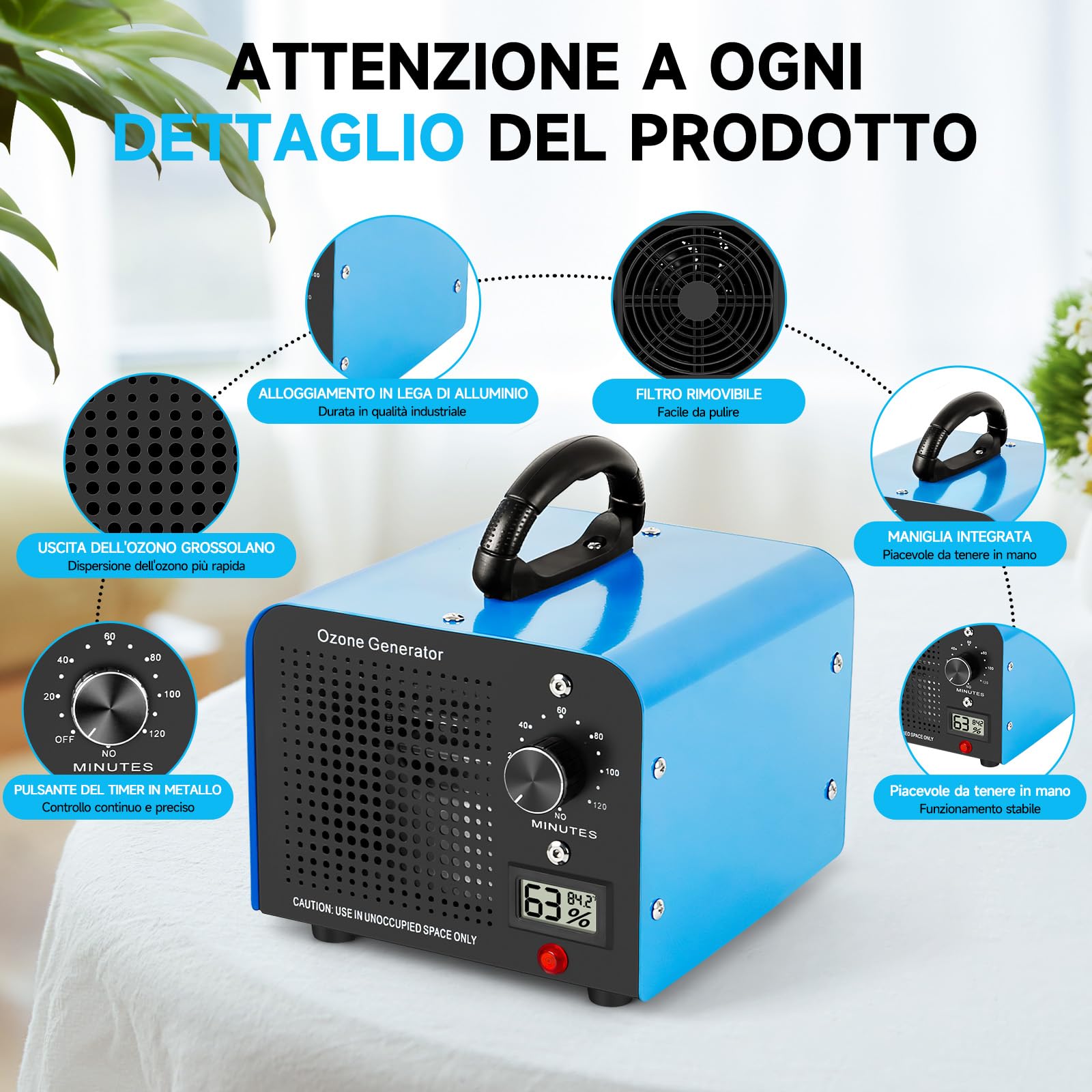 Generatore di Ozono 60000mg/h, Purificatore d'Aria Ozono con Display della Temperatura e Dell'umidità e Timer da 120 minuti, Ozonizzatore per Auto, Casa, Fumo, Odori di Animali Domestici e Cucina