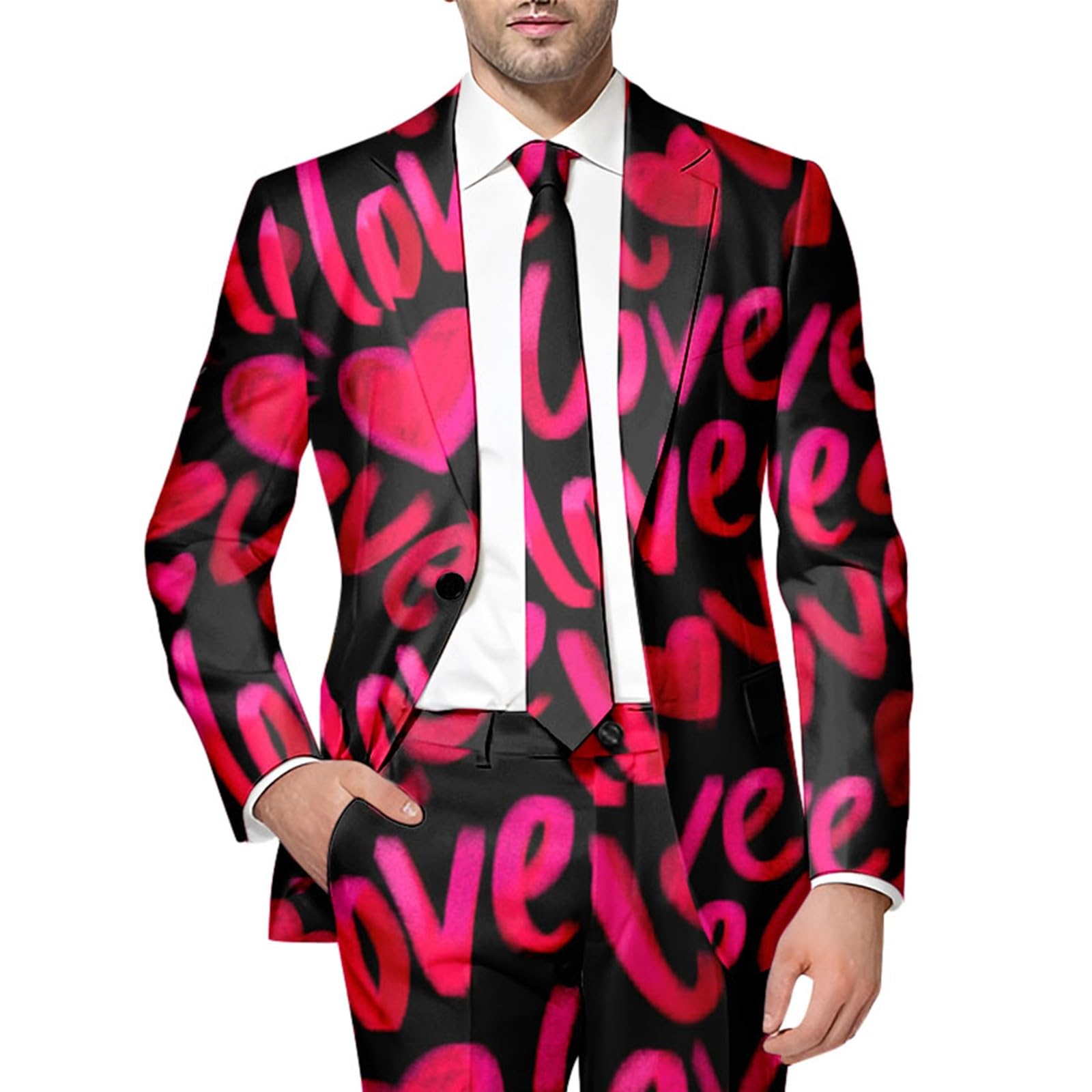 Herren Sakko Valentinstag Love Druck Blazer Slim Fit Anzugjacke Bunt Herz Motiv Party Hochzeit Fasching Kostüm Jacke Elegant Einreiher Freizeit Jackett für Männer