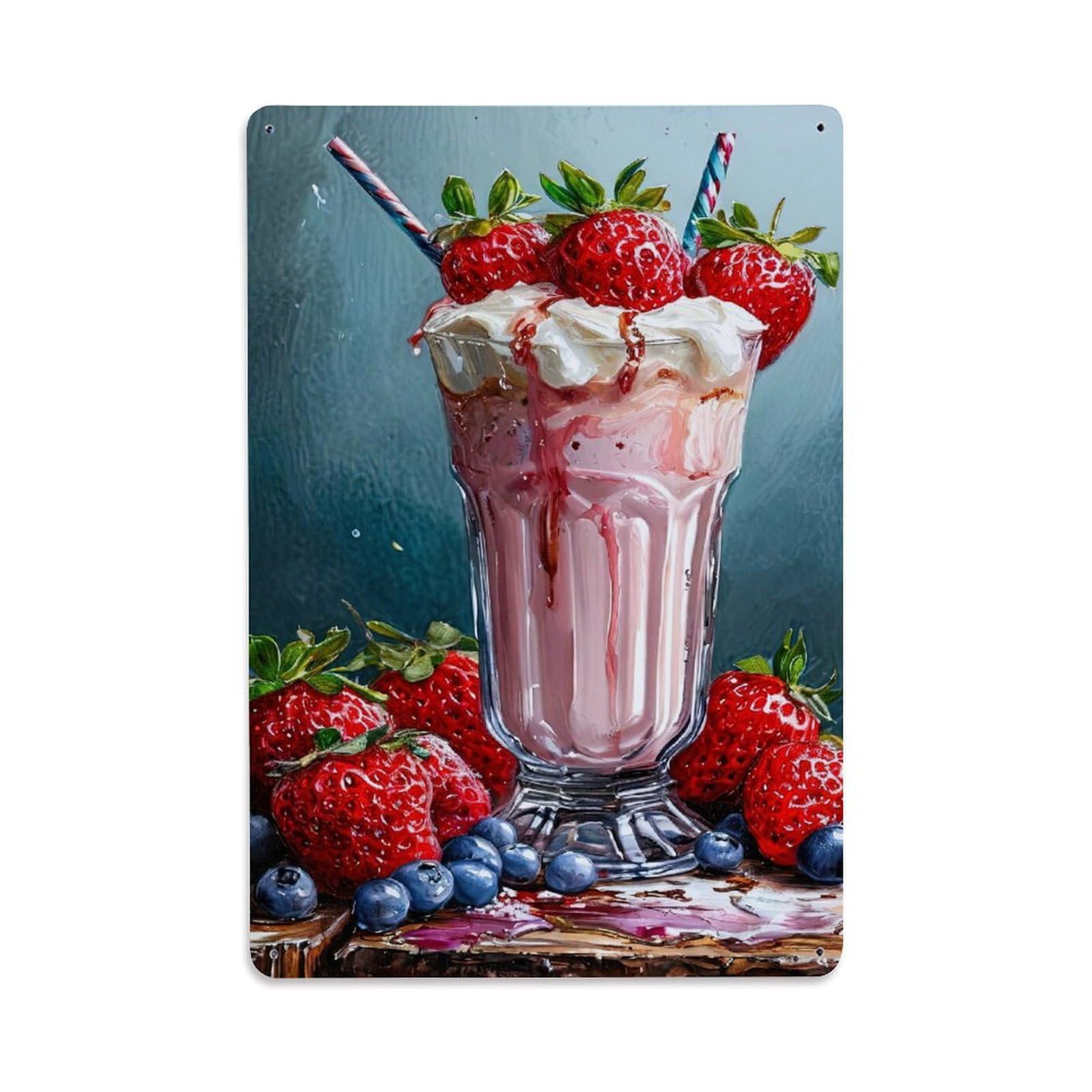 Food Retro Strawberry Dessert Milkshake Vintage Aesthetic Metal Tin Sign Plaque Wall Decor for Cafe, Man Cave, Club Bar, Office, Home Garden Round Metal Poster 8x12Inch