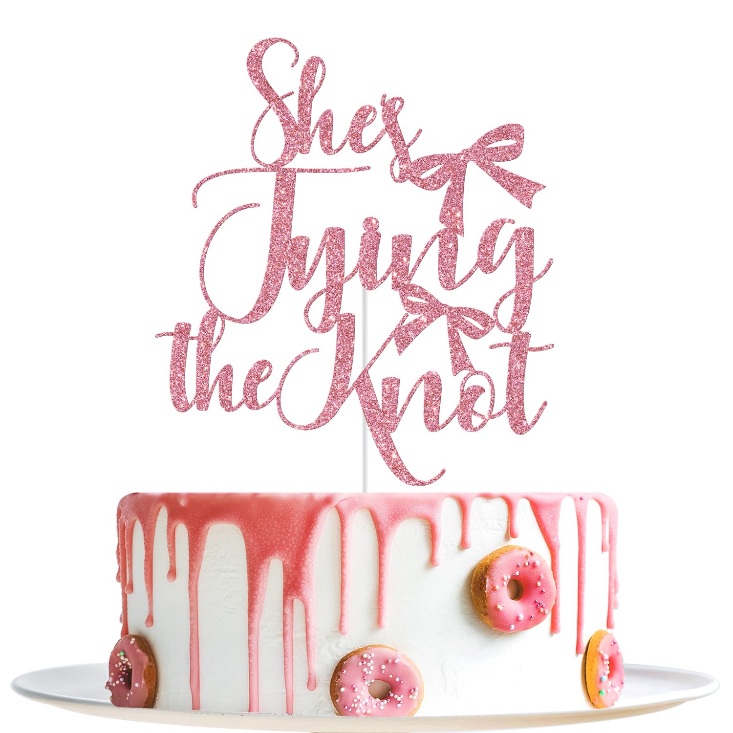 She's Tying the Knot Cake Topper, Wedding Cake Decorations, Bride to Be, Bow Themed Bridal Shower Engagement Bachelorette Party Decorations, Pink Glitter
