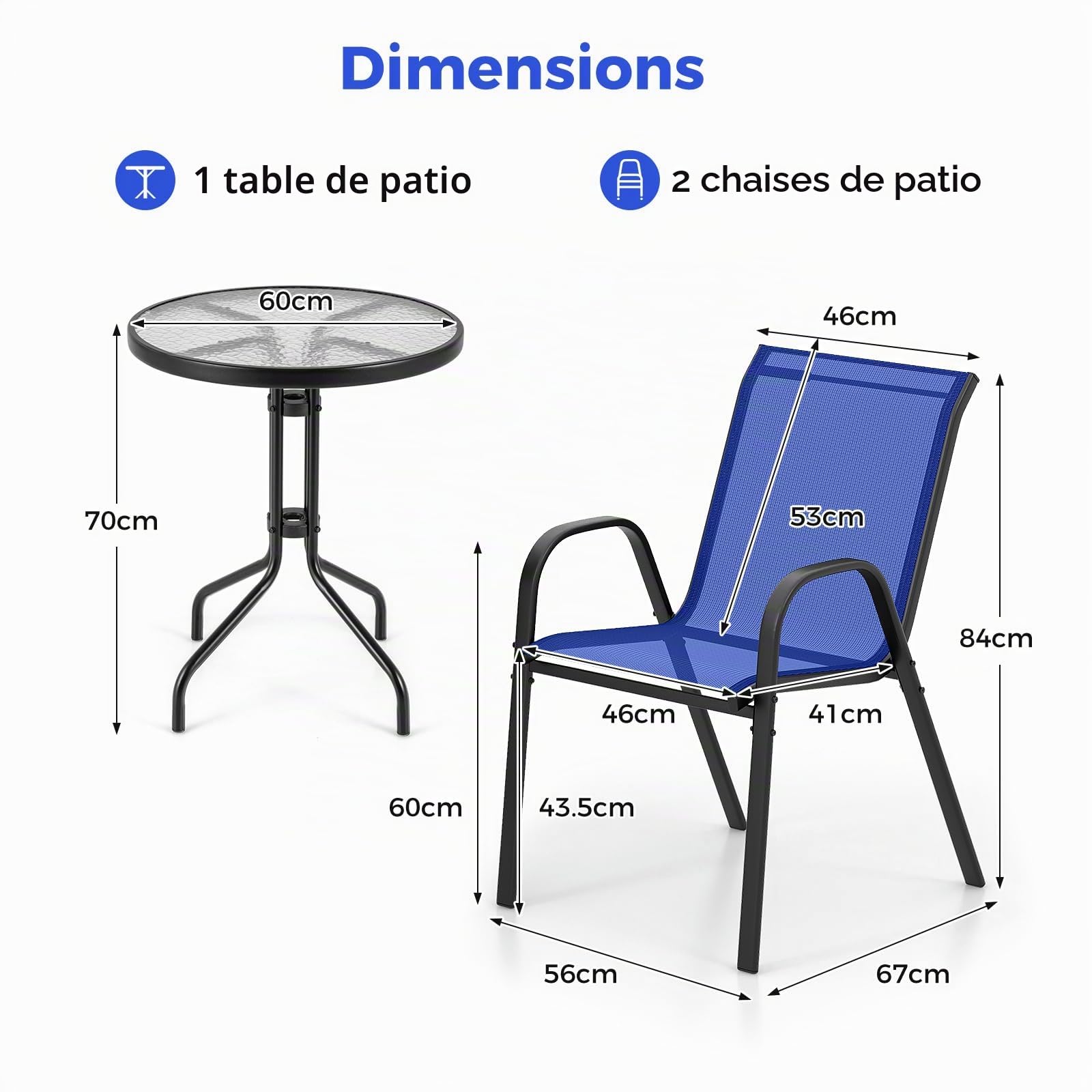 KOMFOTTEU Salon de Jardin 2 Personnes, 2 Fauteuils Tissu & 1 Table, Bleu